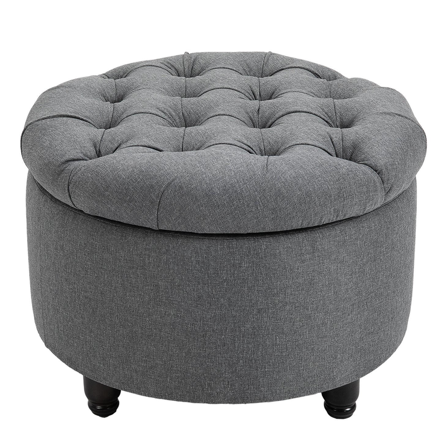 Tufted grey fabric storage ottoman with dark wood legs perfect for entryway or living room