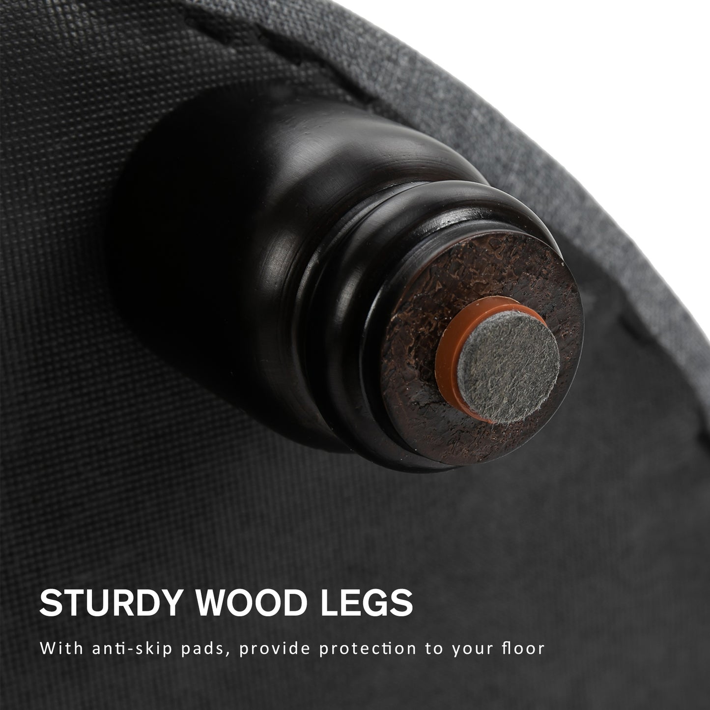 Dark wood furniture leg with felt floor protector pad