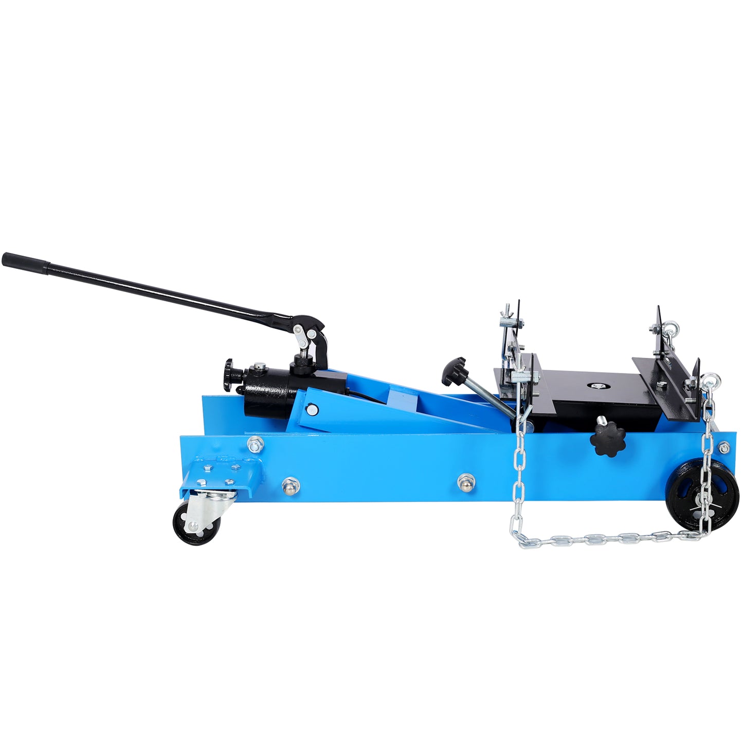Blue hydraulic transmission jack with black handle and wheels for automotive repair