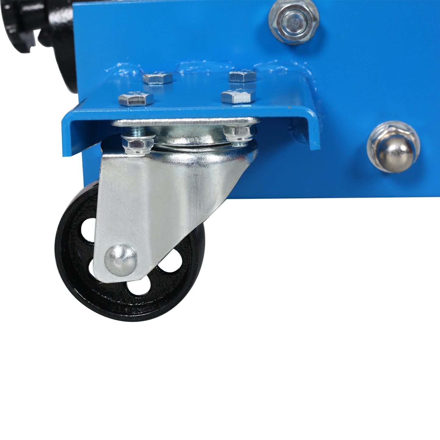 Blue steel jack with a black rubber caster wheel and galvanized metal mounting bracket