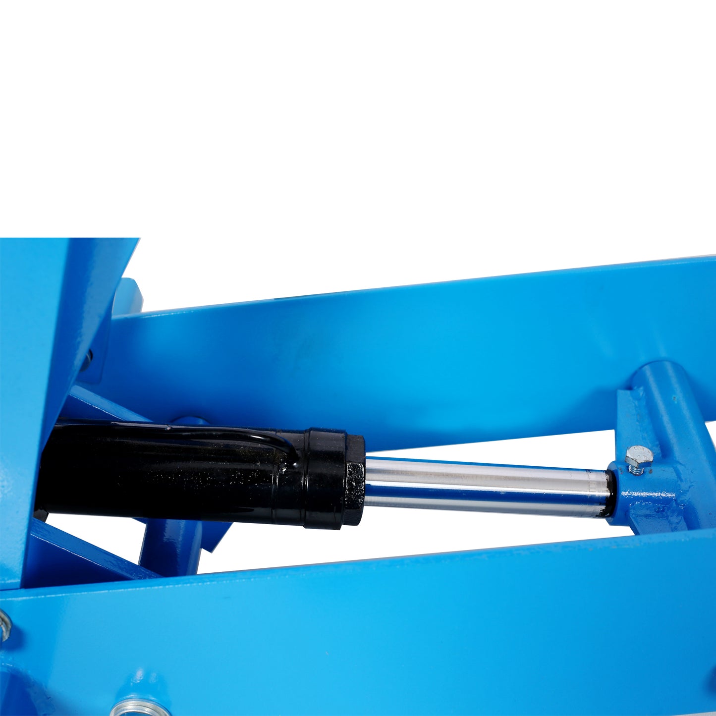 Closeup of a blue hydraulic lift with a black cylinder and silver piston rod