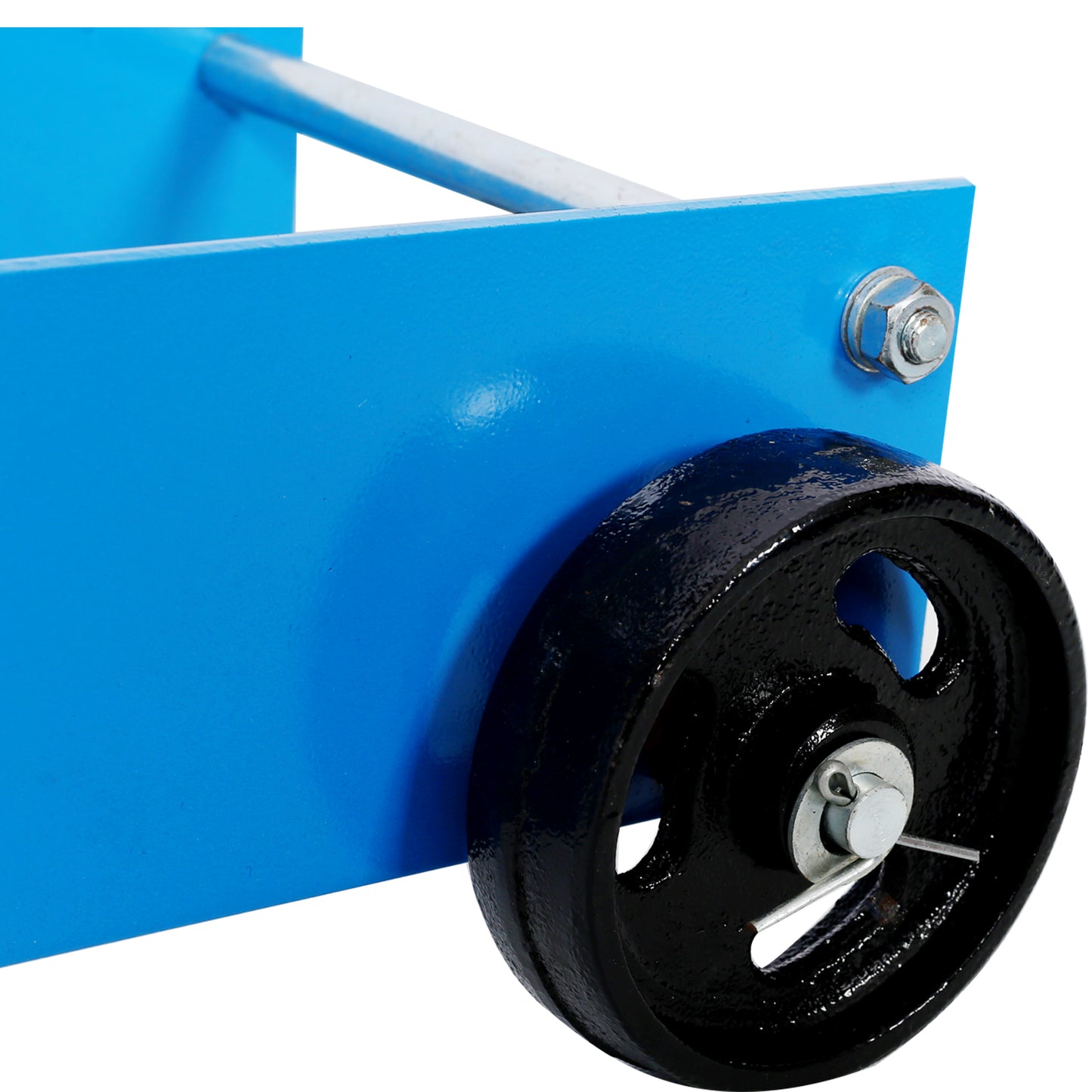 Blue metal utility cart with heavyduty black wheel