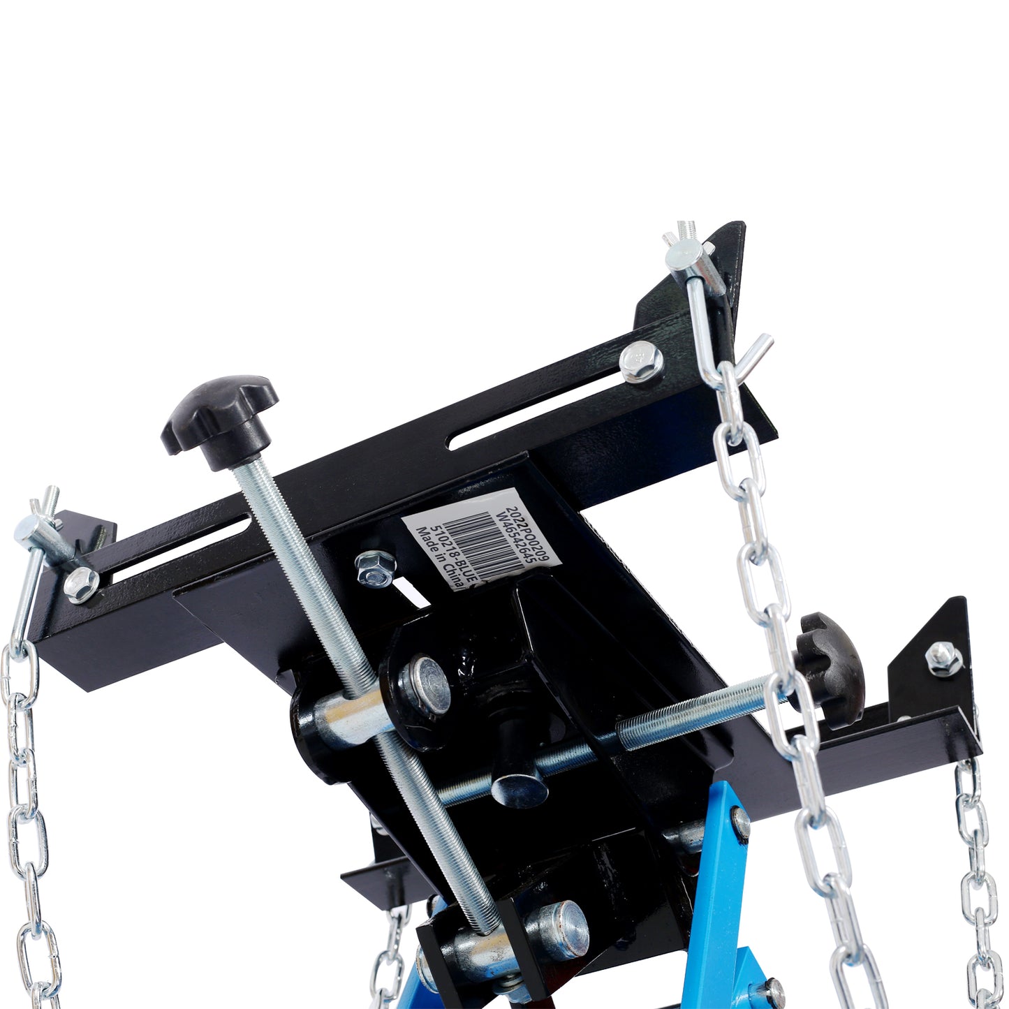 Heavyduty transmission jack with adjustable arms and support chains
