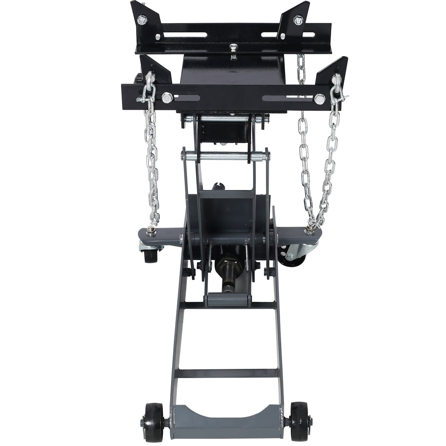 Heavyduty black and gray transmission jack with hydraulic lift and adjustable chains for safe vehicle repair