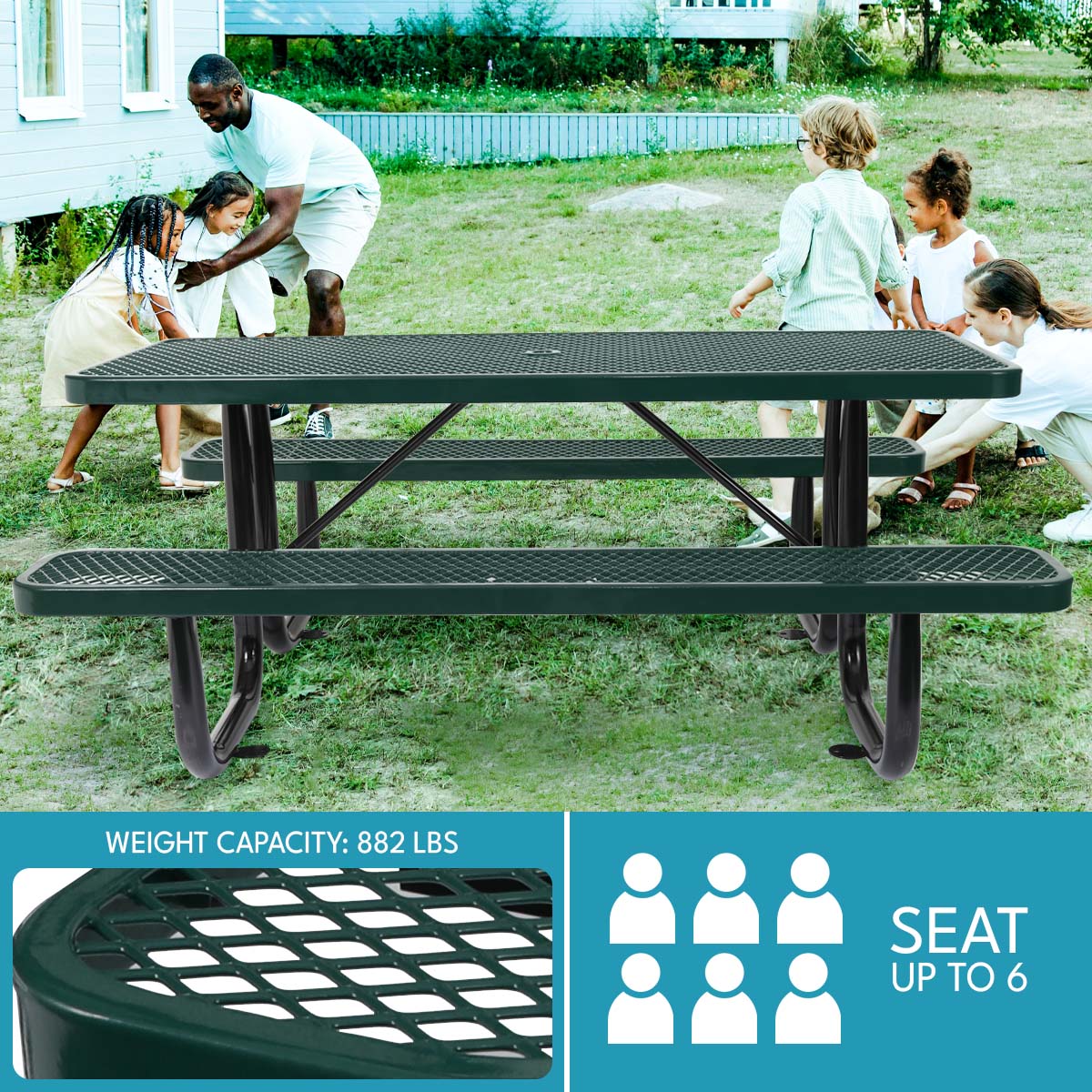 Dark green metal picnic table with diamond pattern seating for six
