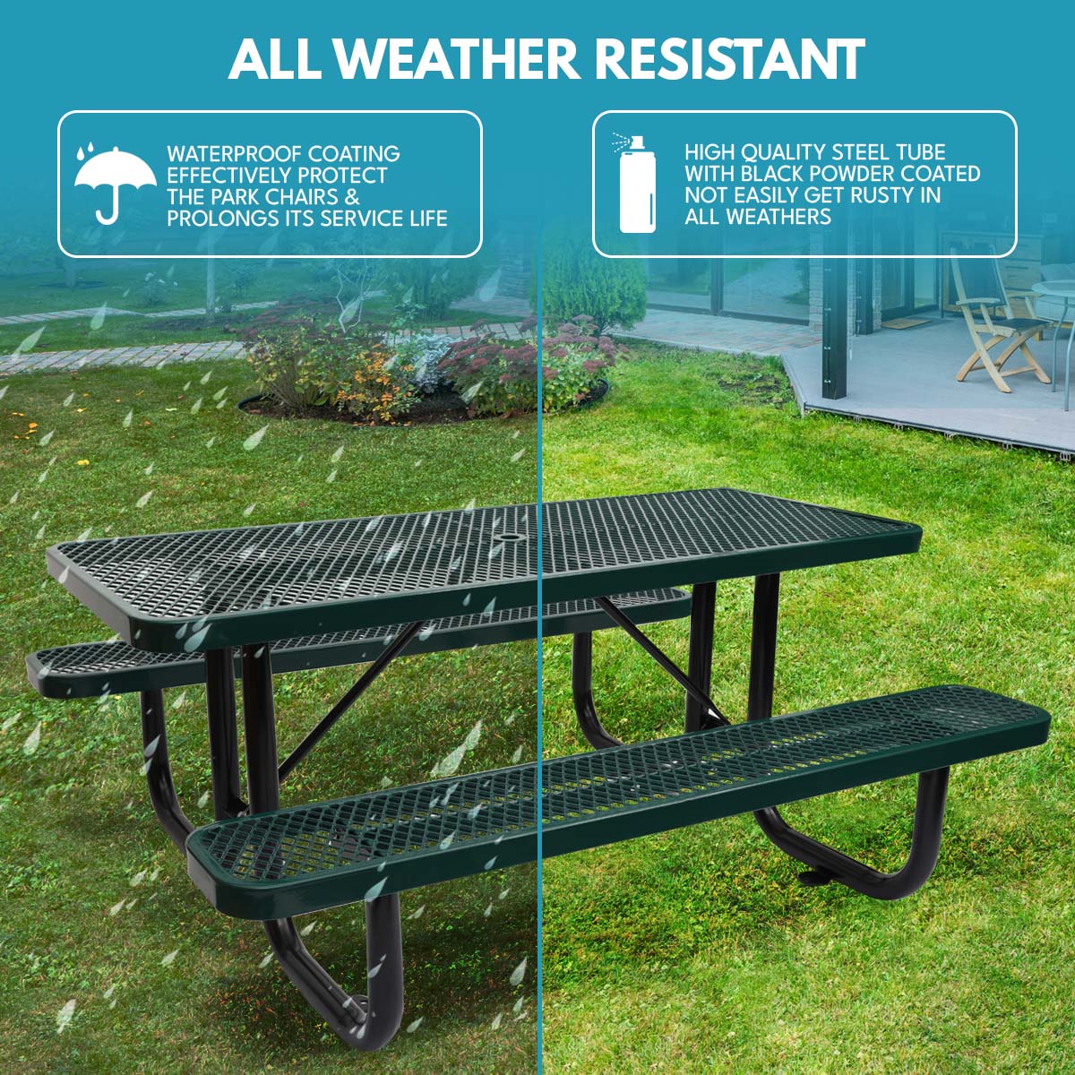 Dark green diamond pattern picnic table with sturdy black metal frame on grass