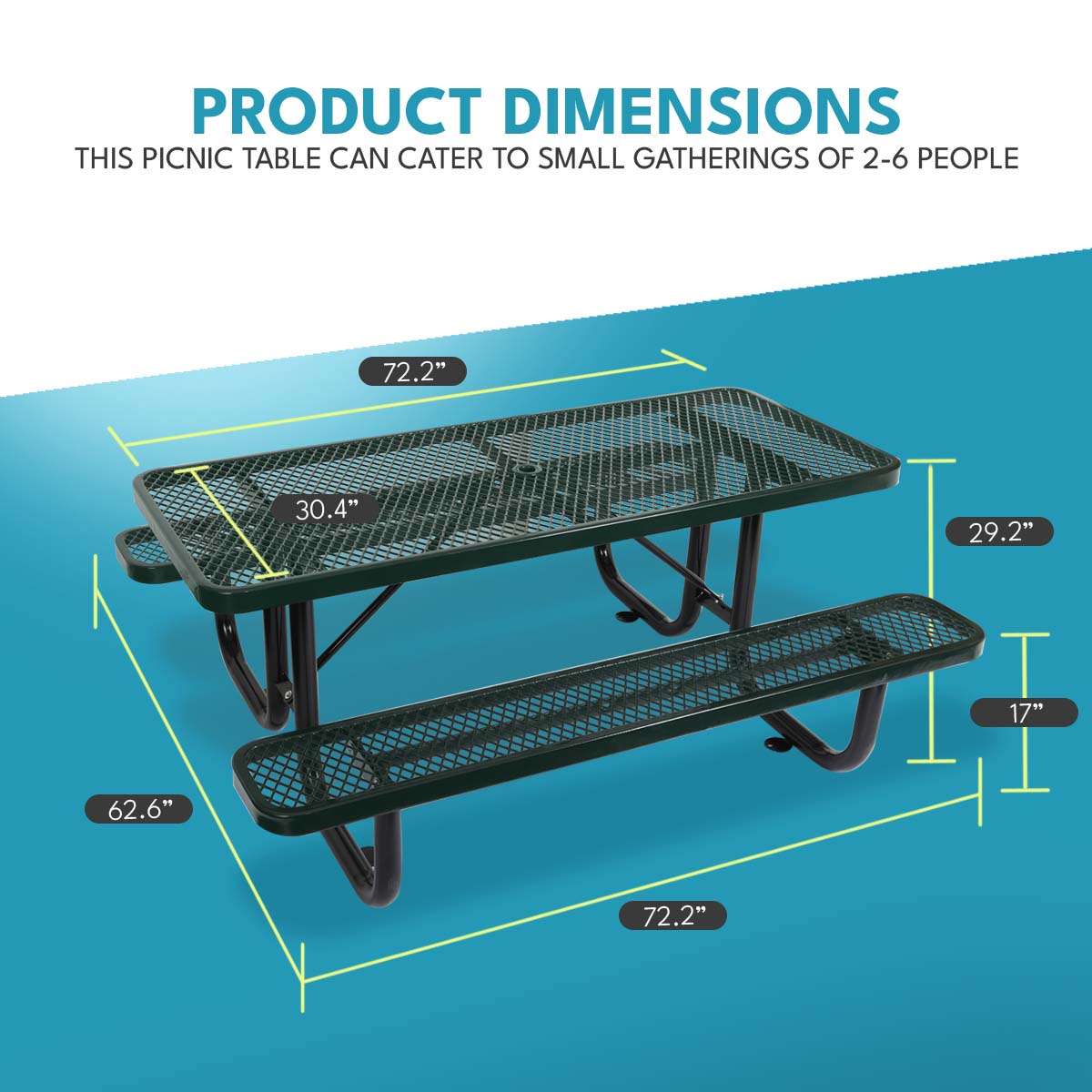Green metal picnic table and bench set inches long dimensions shown