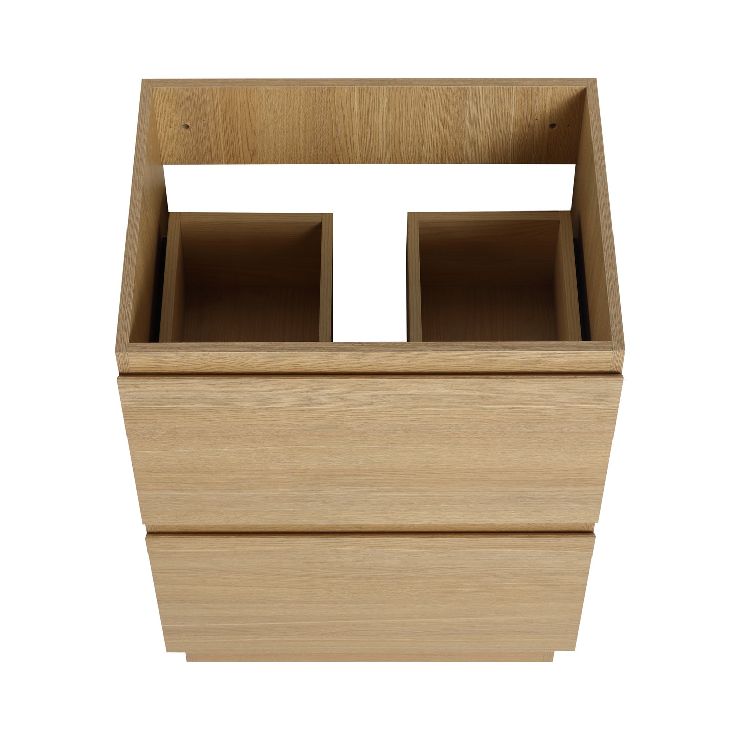 Modern oak bathroom vanity base with two drawers and open shelving
