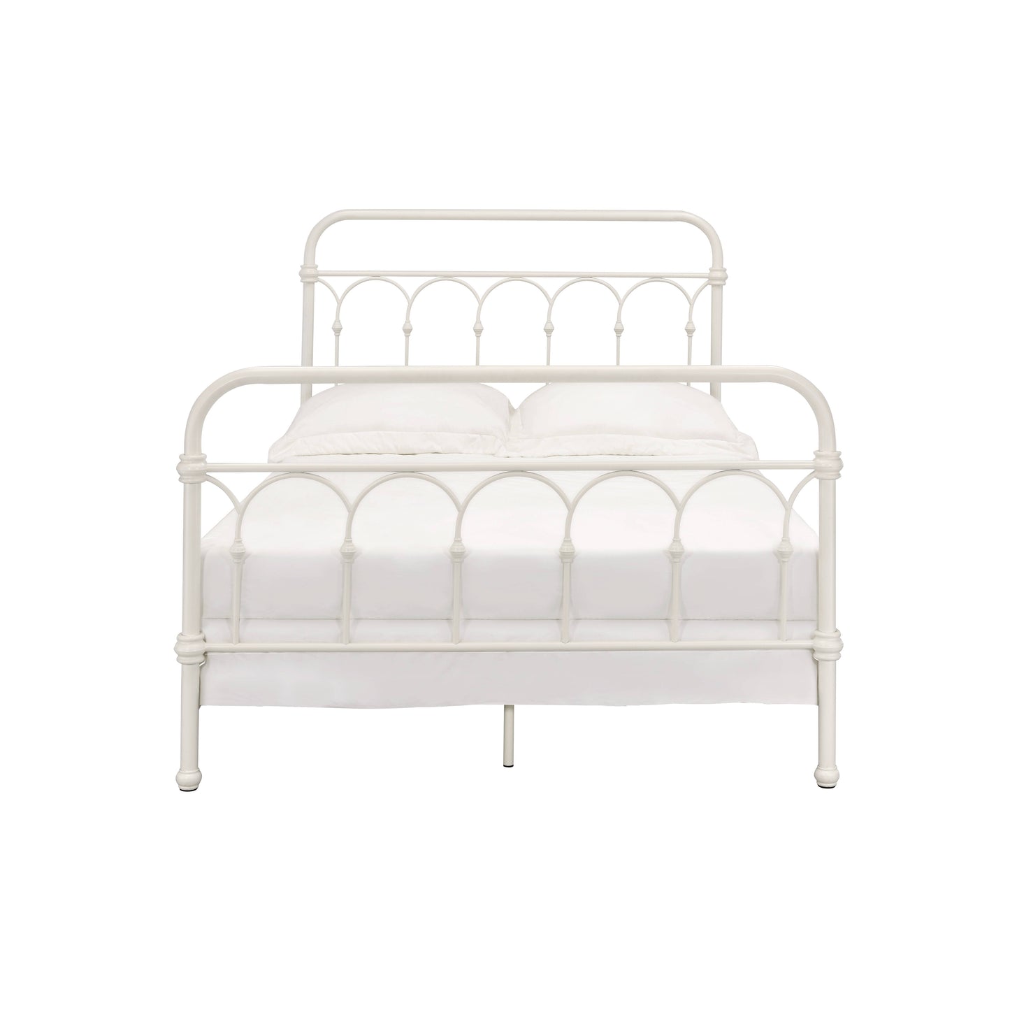 White metal twin bed frame with curved headboard and footboard