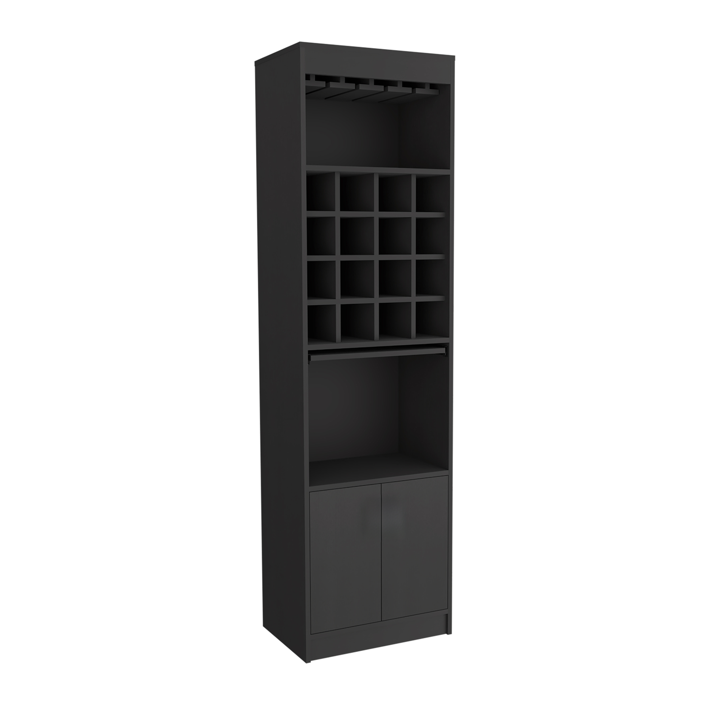 Black contemporary wine cabinet with bottle cubbies and glass rack