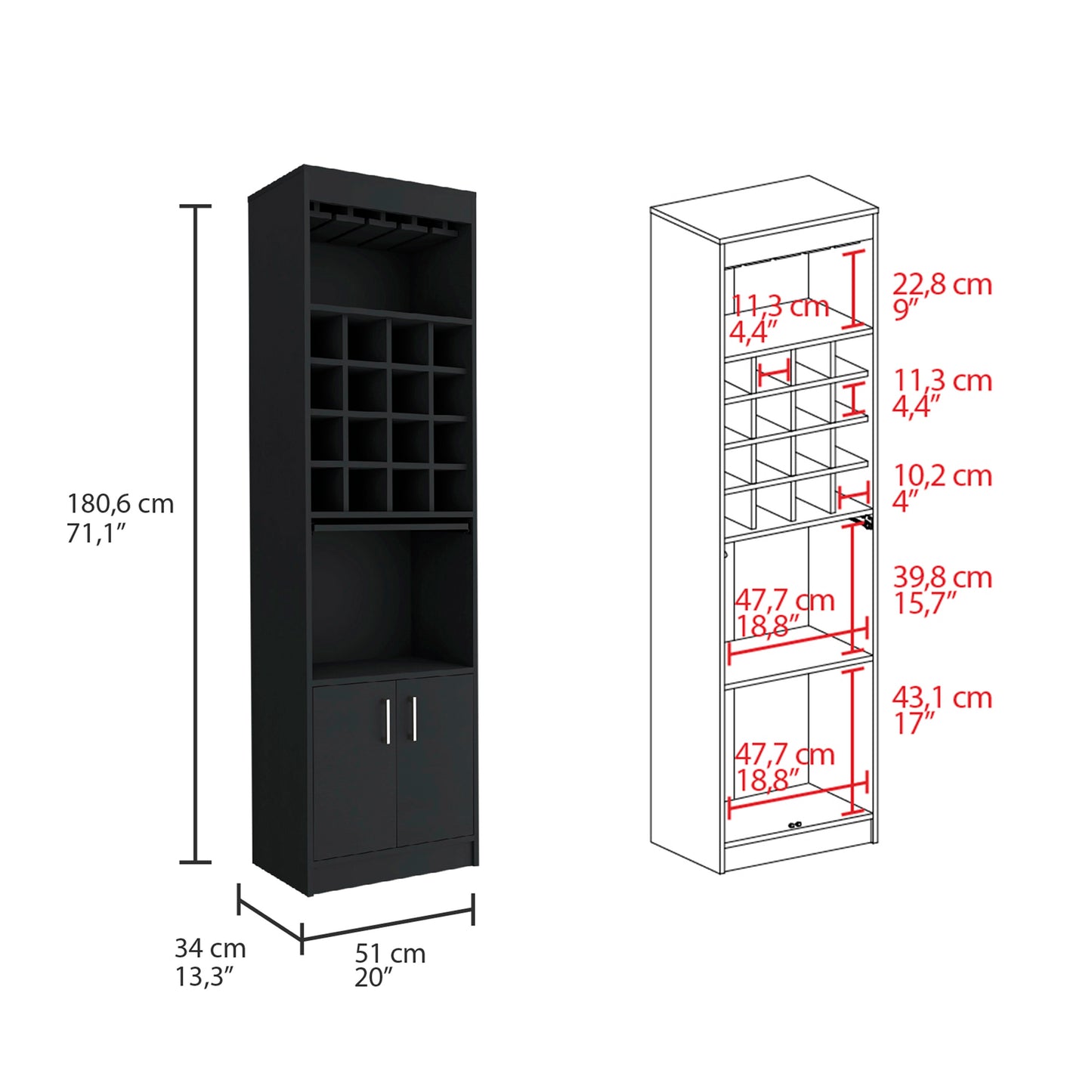Black tall wine cabinet with bottle cubbies and a twodoor base cabinet