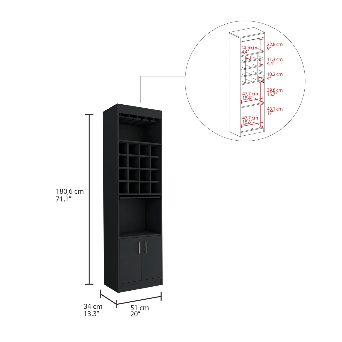 Black tall wine cabinet with glass holders wine cubbies and two lower doors