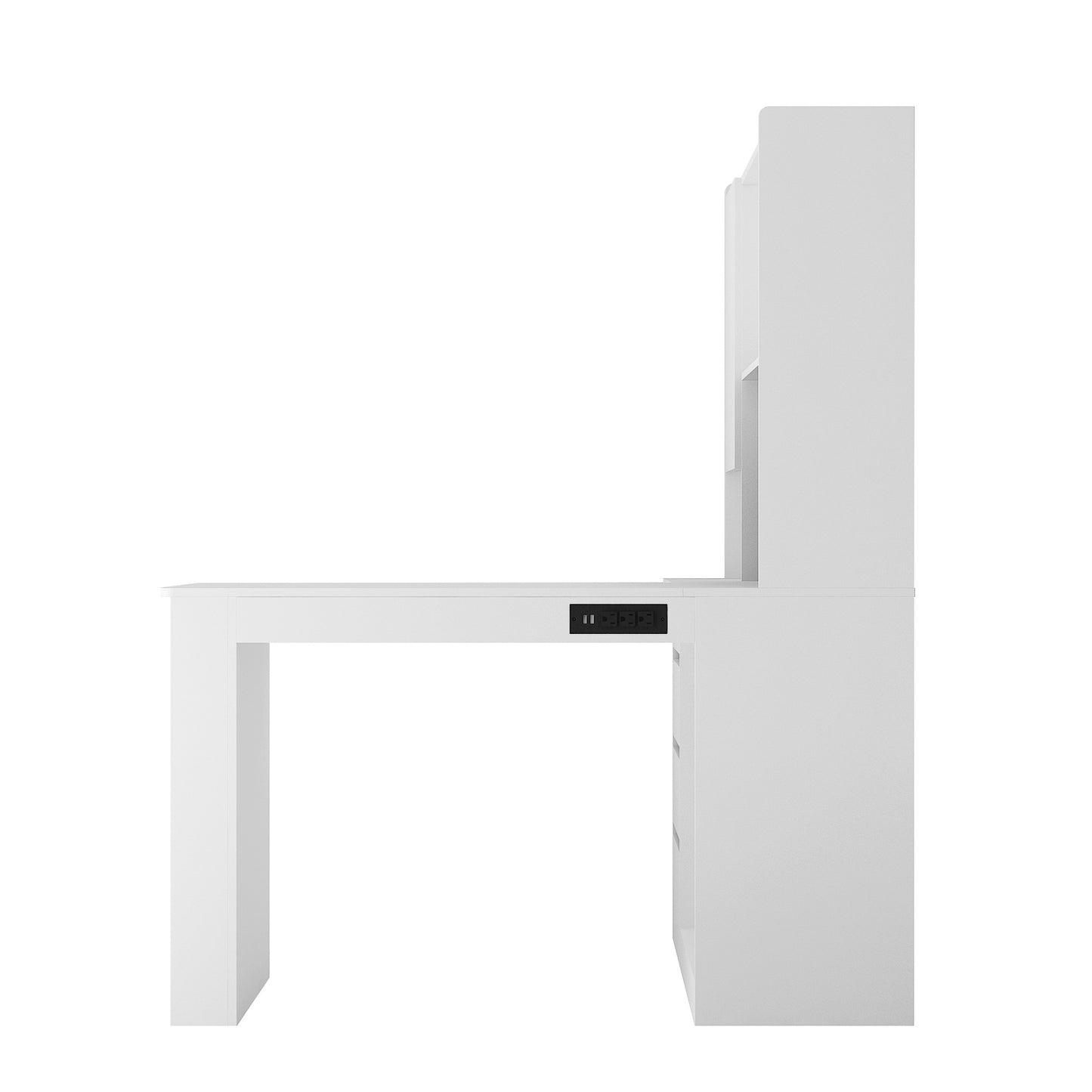 White modern desk with integrated power outlets and storage shelves for home office use