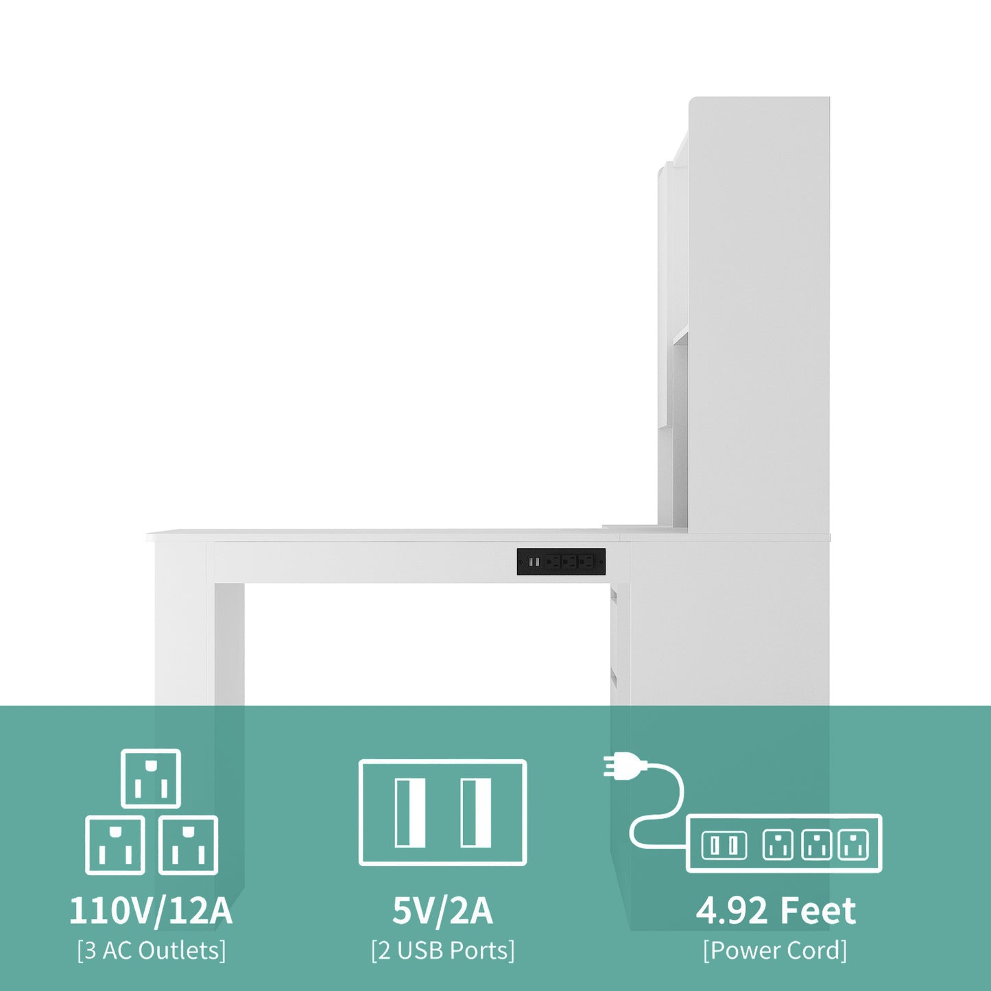 White desk with integrated power strip featuring AC outlets and USB ports for convenient charging