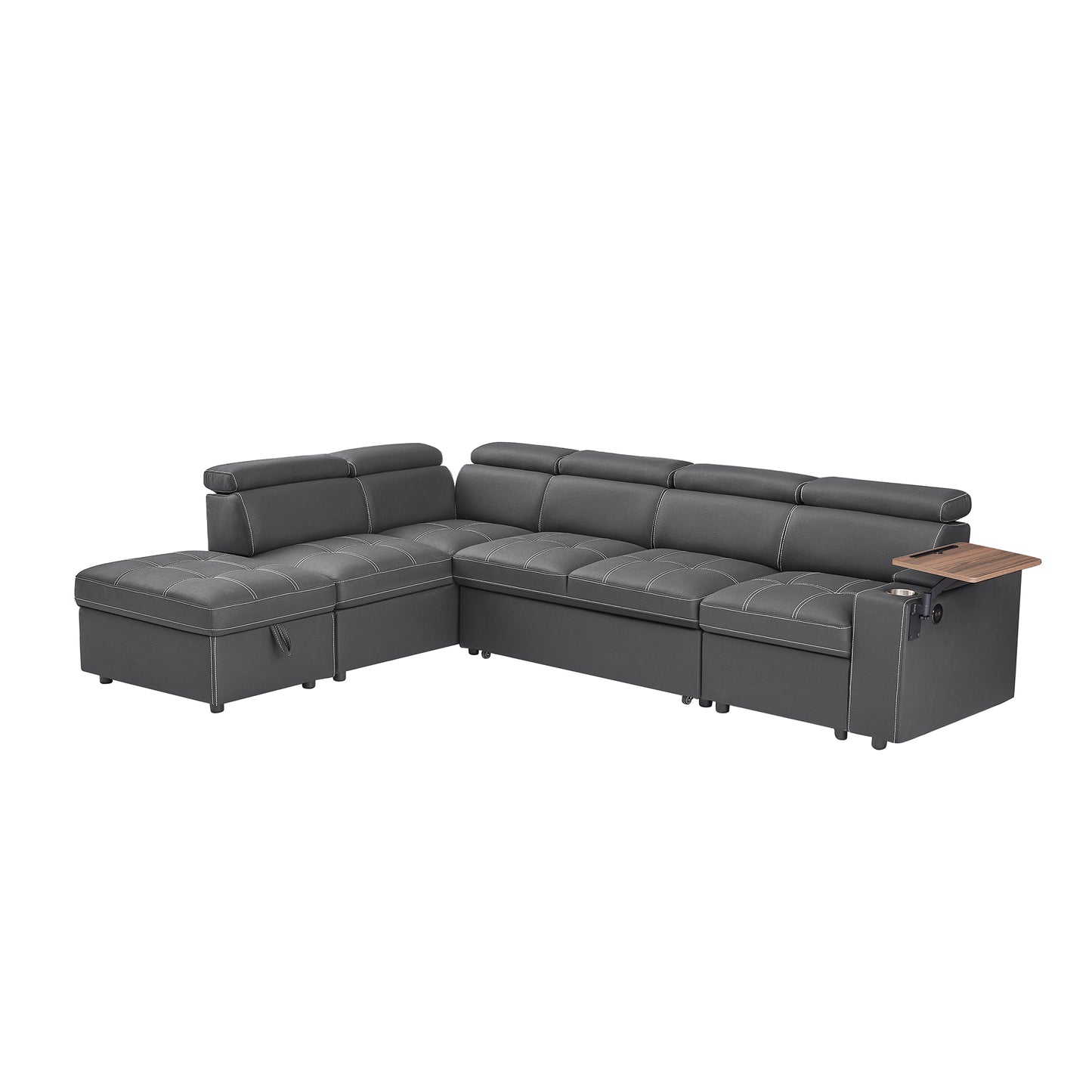 Dark grey faux leather sectional sofa with white stitching builtin storage and tray