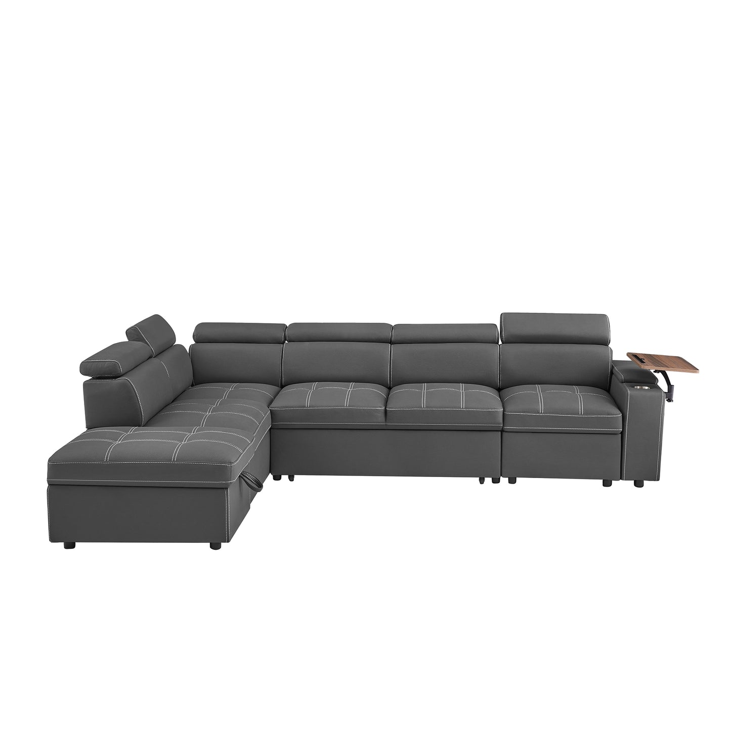 Dark grey sectional sofa with white stitching and adjustable headrests