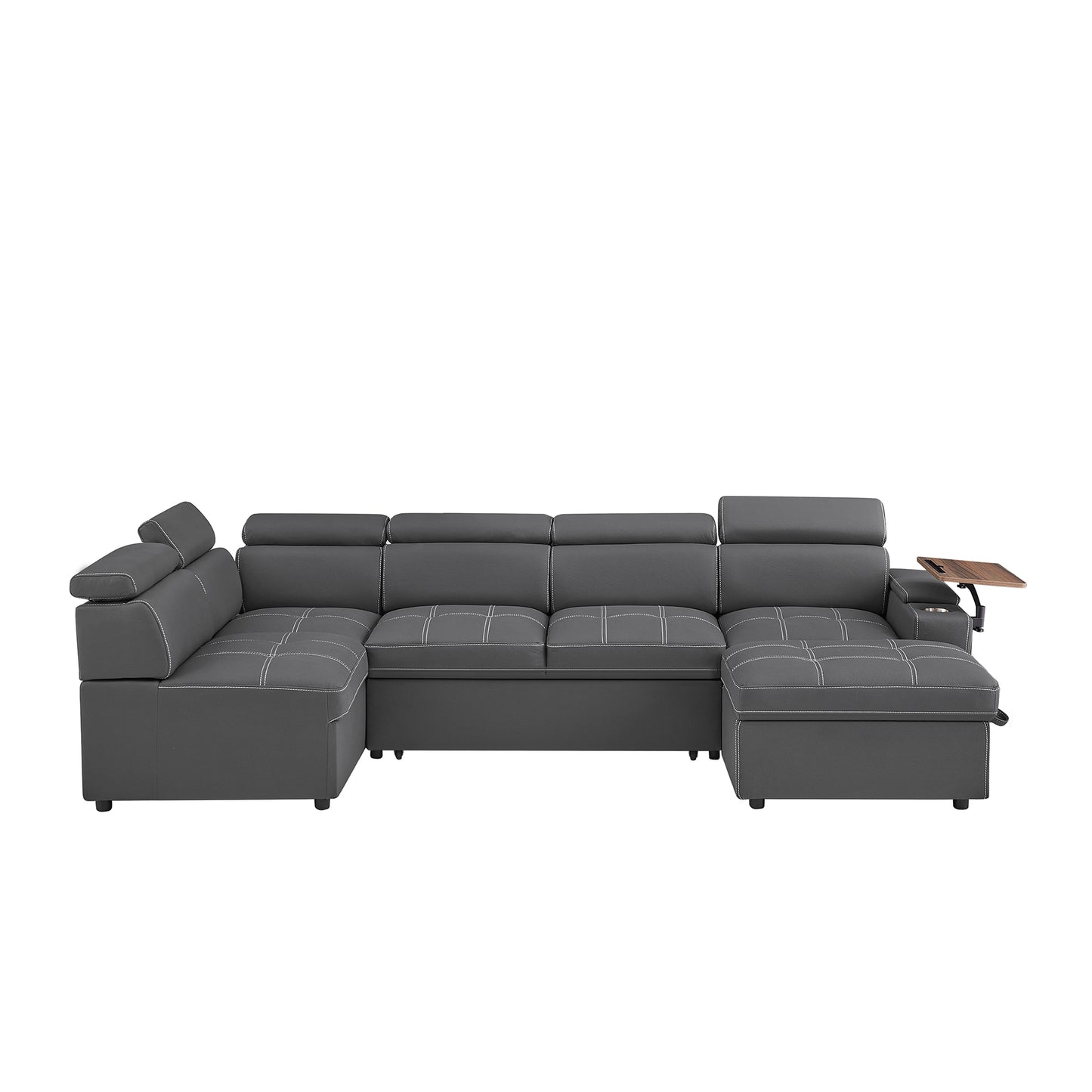 Dark gray sectional sofa with white stitching and adjustable headrests for living room comfort