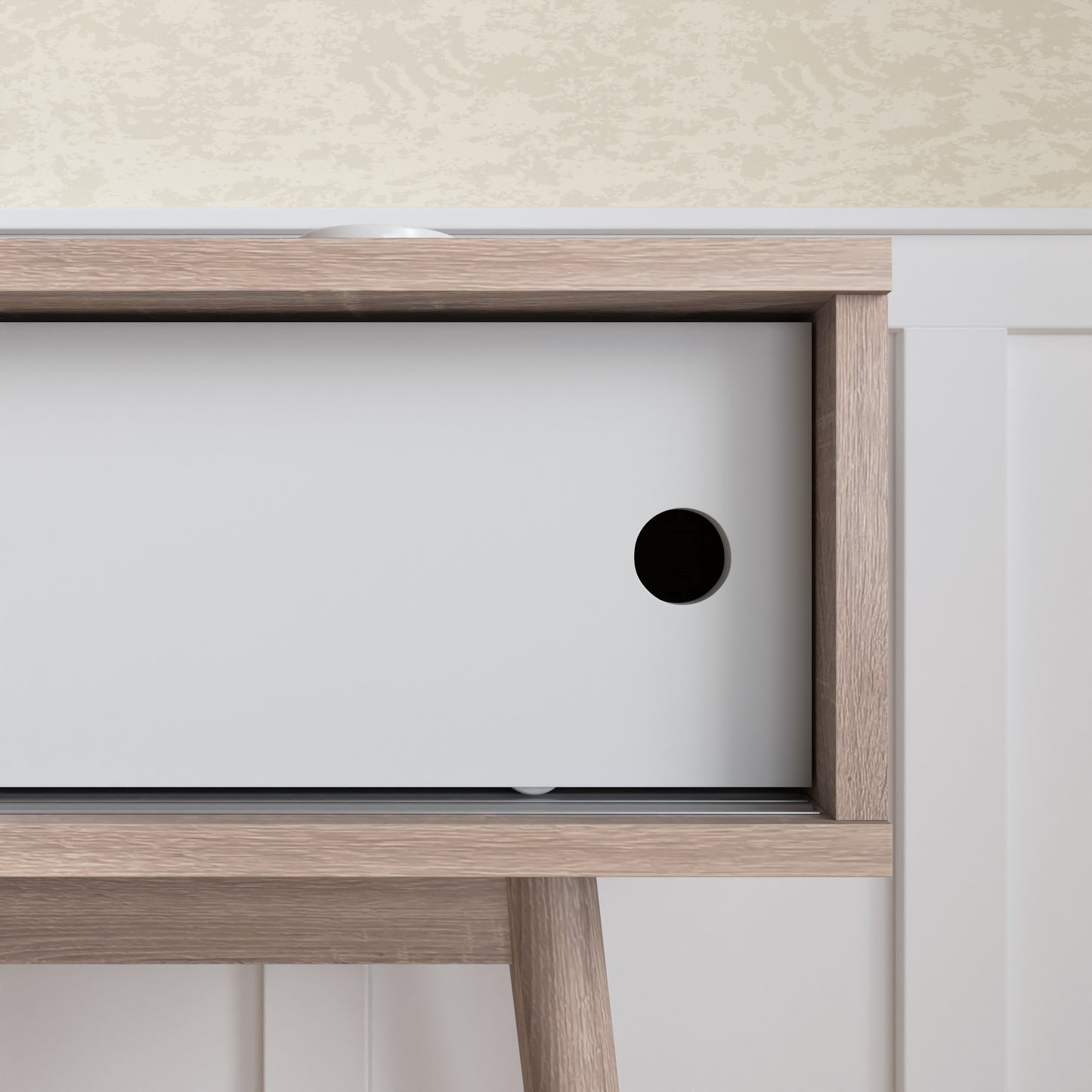Modern white cabinet with wooden trim and round handle ideal for living room storage