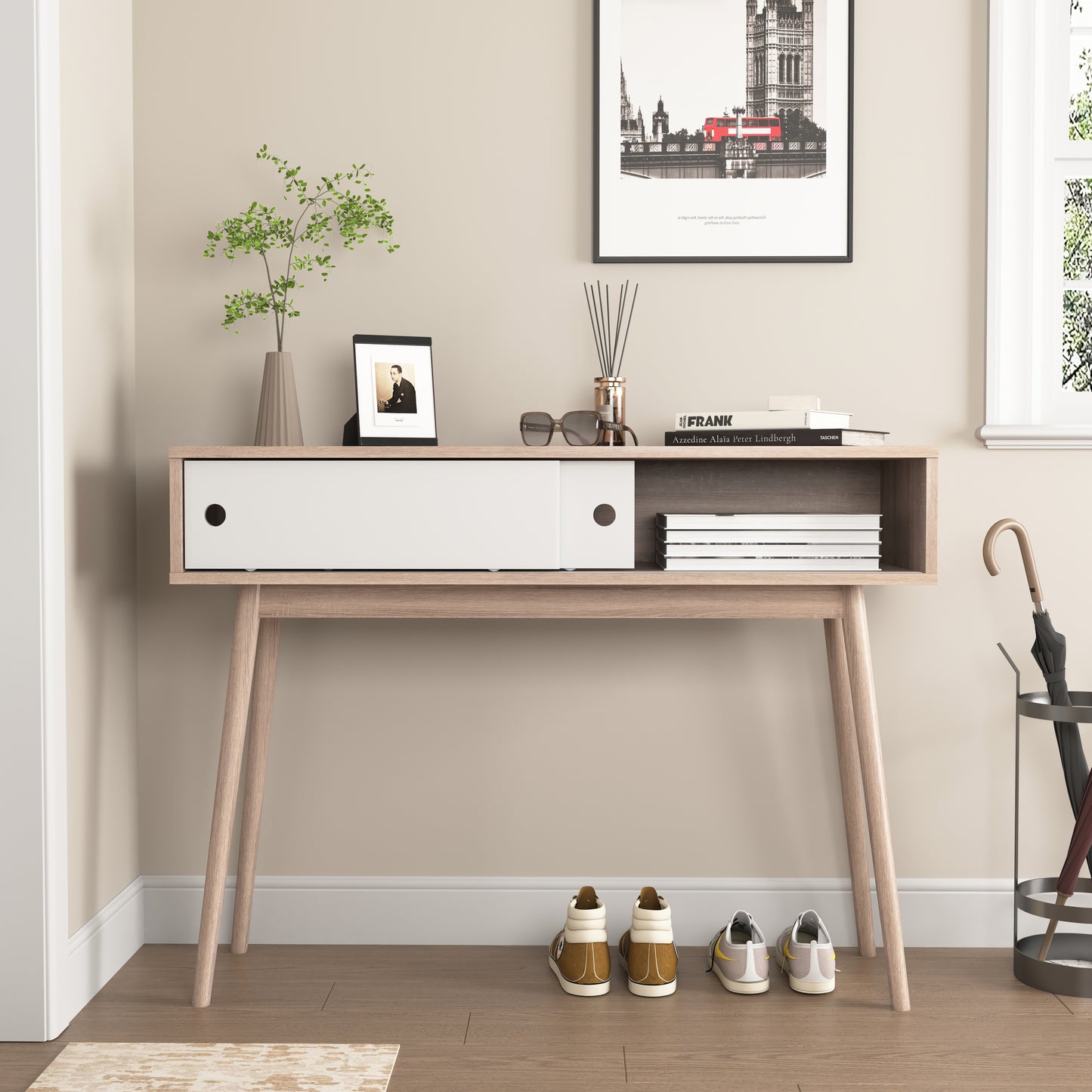 Midcentury modern console table with oak finish and white drawer