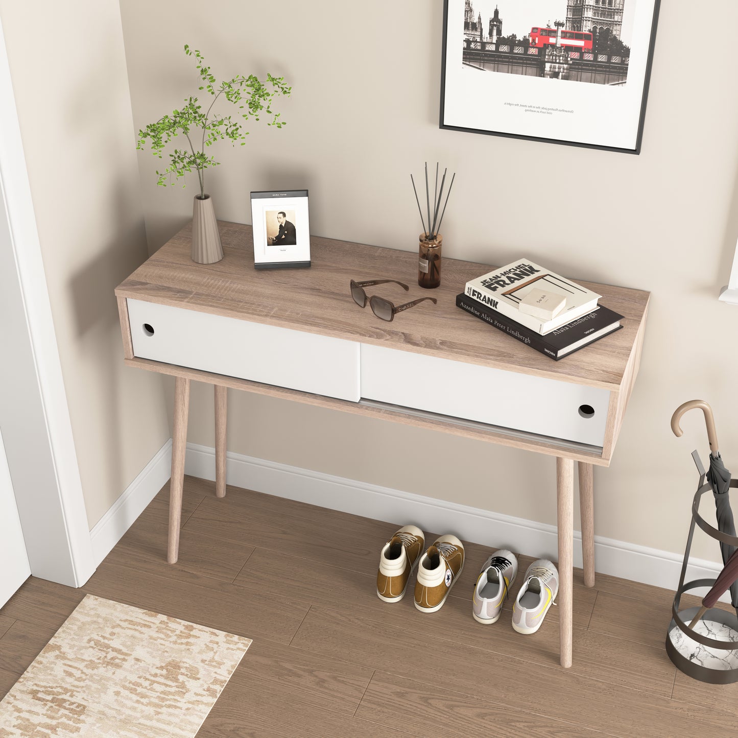Modern oak hallway console table with white drawers and wooden legs