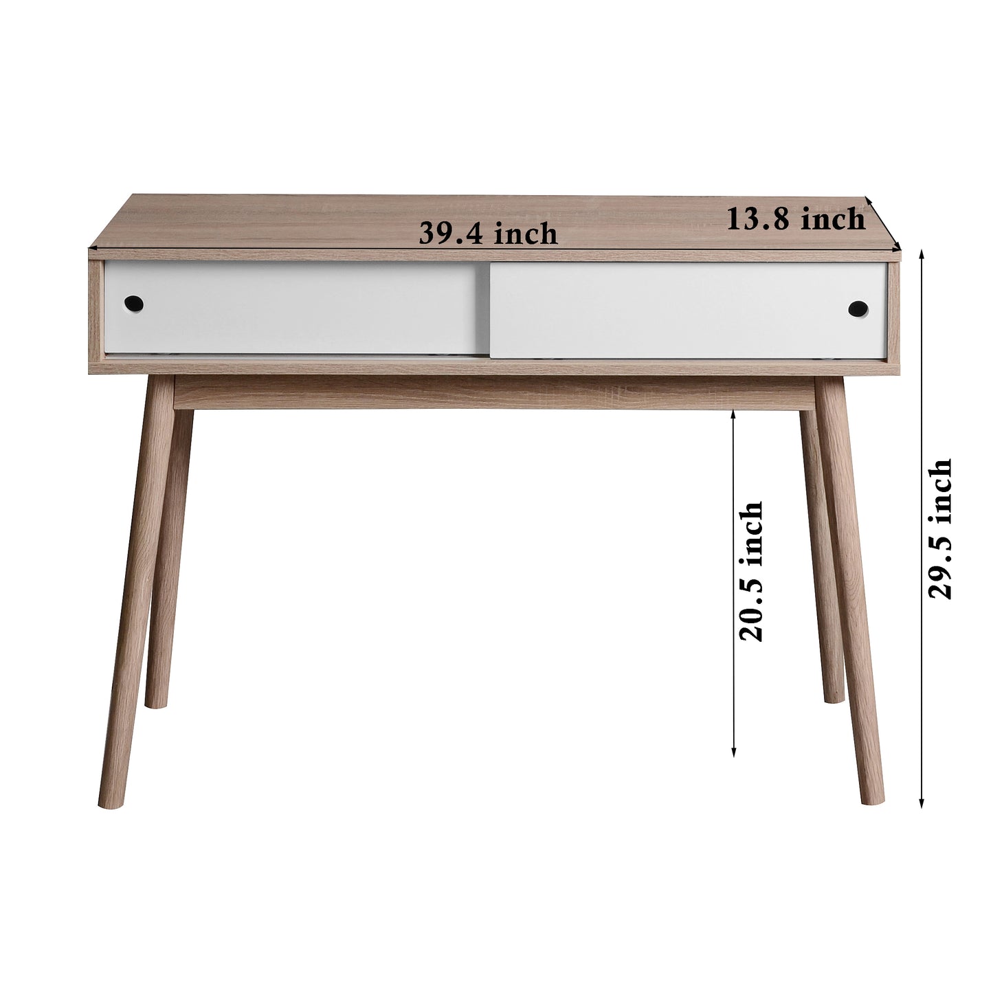 Midcentury modern desk with white sliding drawers and light oak finish
