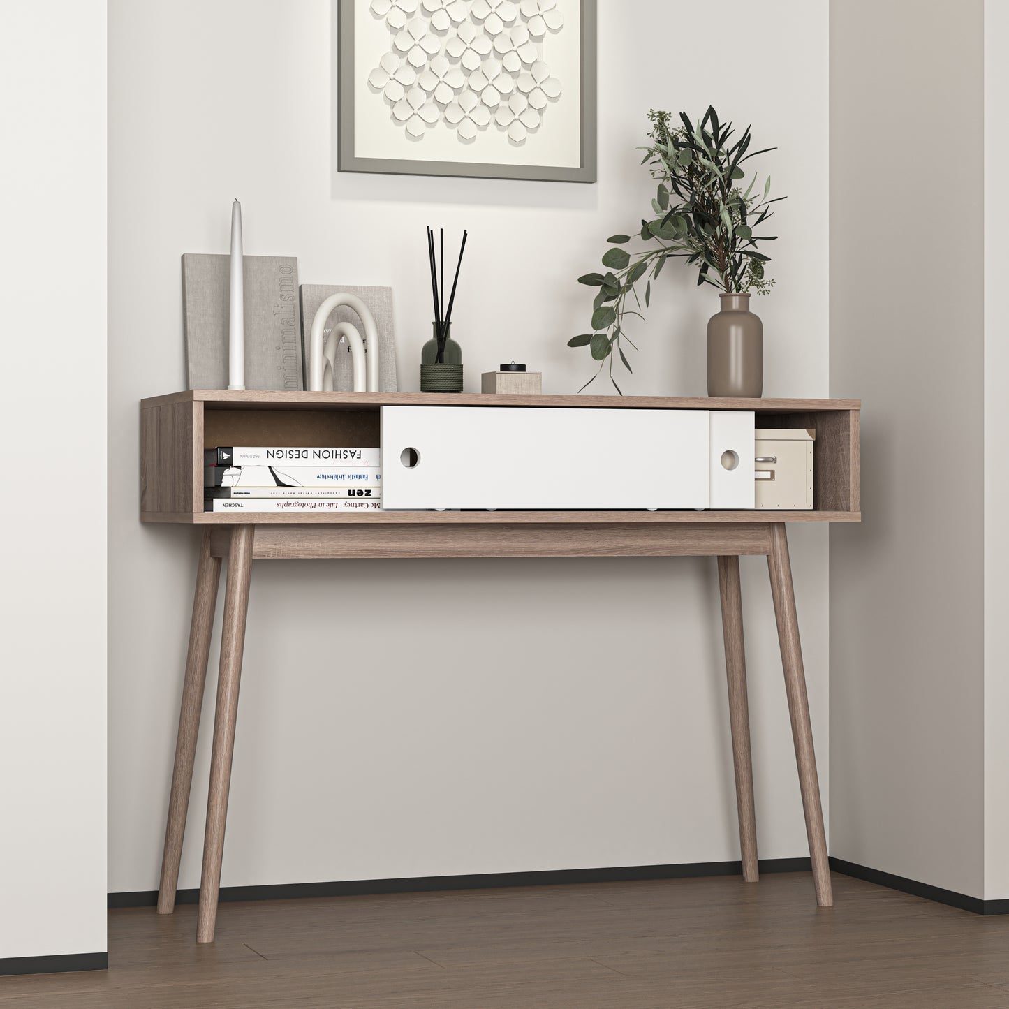 Midcentury modern console table with light oak finish and sliding white cabinet door