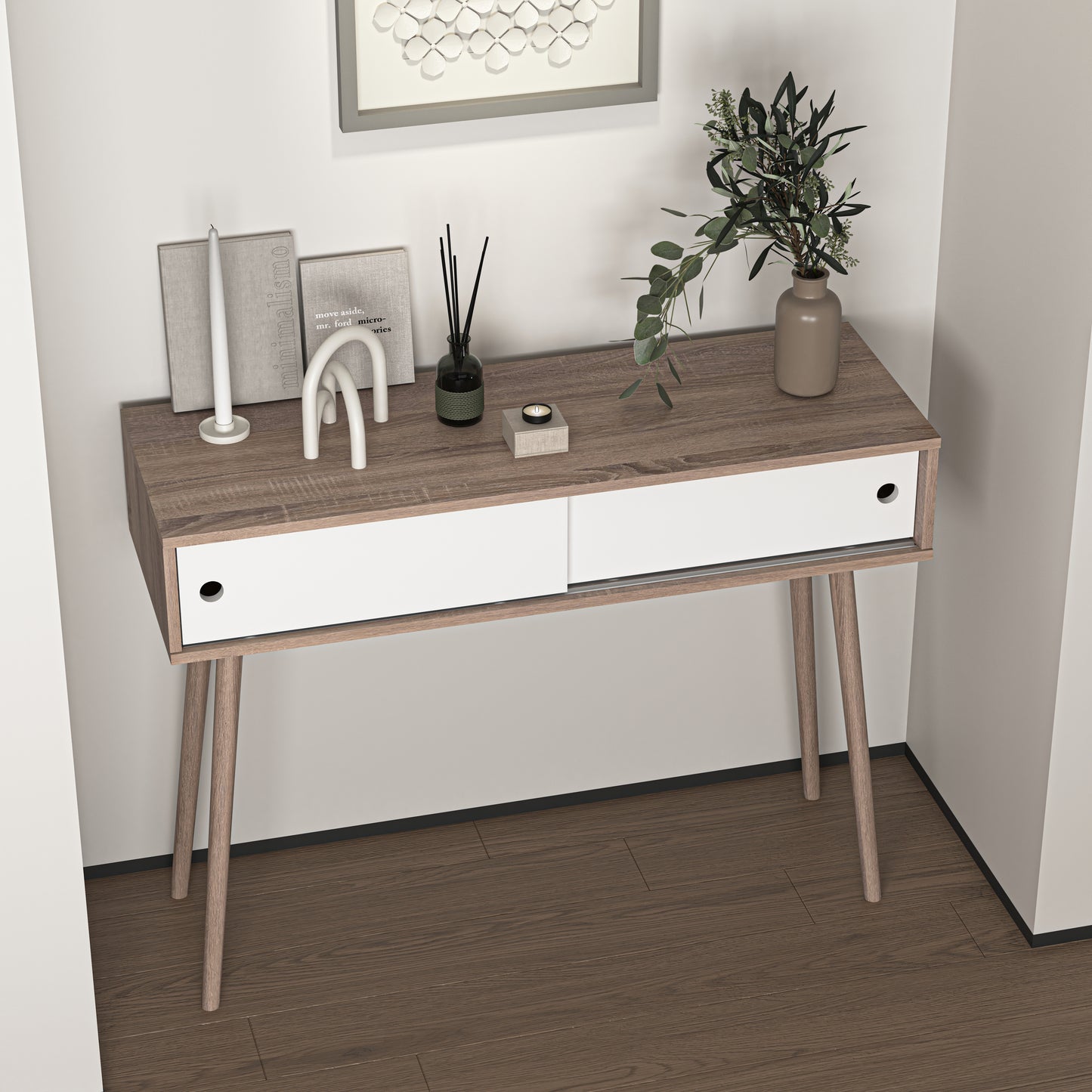 Midcentury modern console table with two white drawers and wooden legs