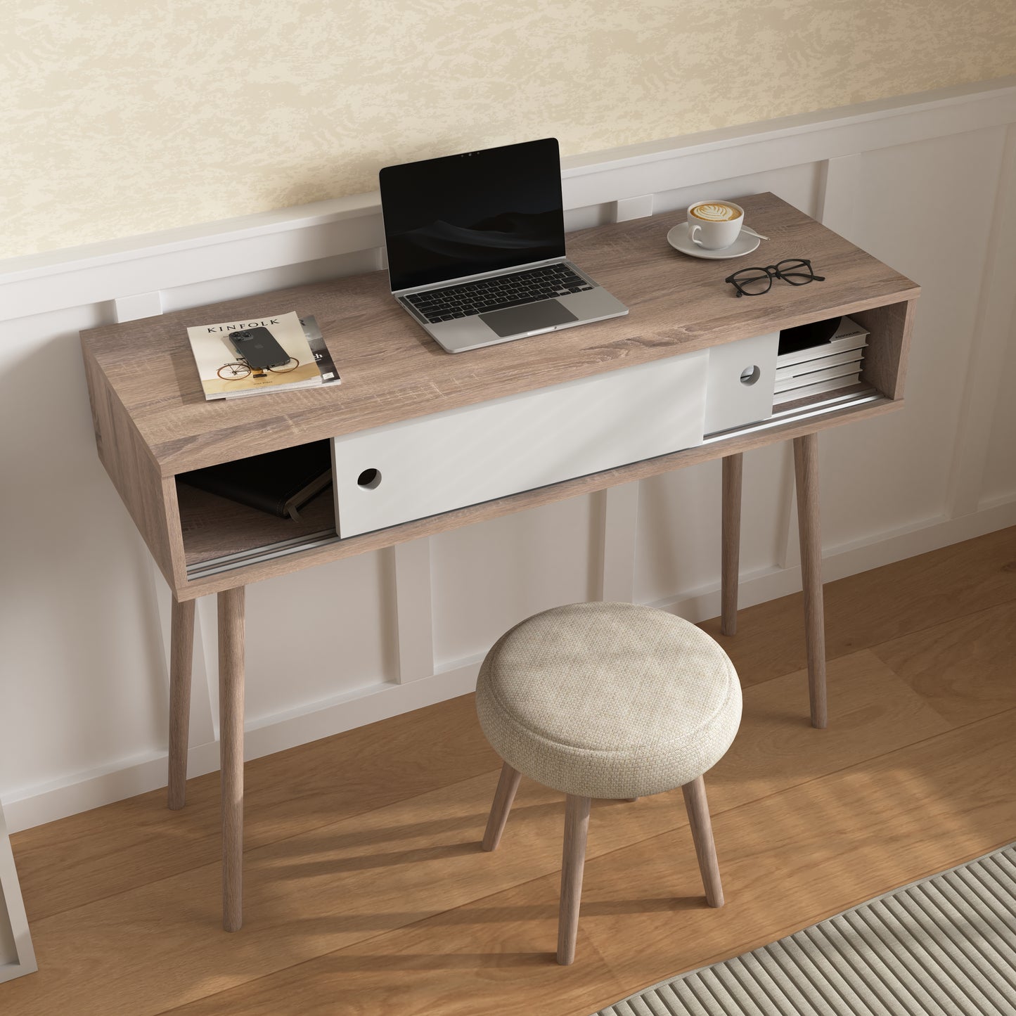 Modern oak writing desk with sliding white panel and open shelving