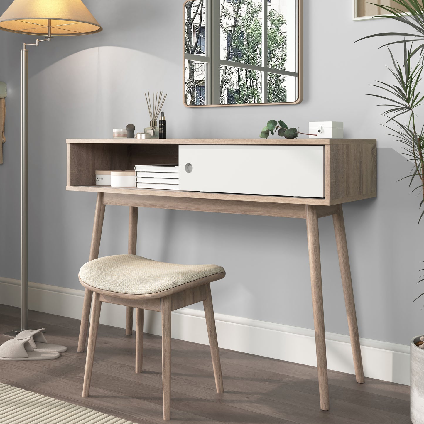 Modern oak vanity desk with white drawer and upholstered stool