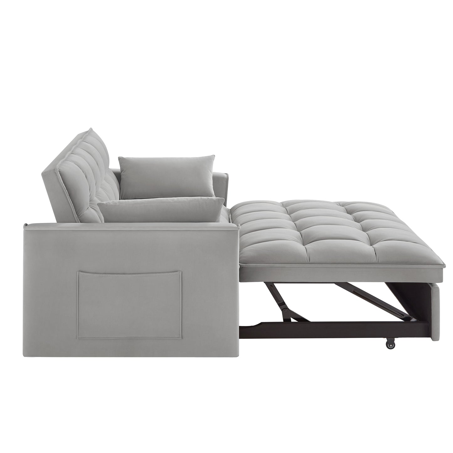 Gray velvet sofa bed with tufted backrest and pullout ottoman