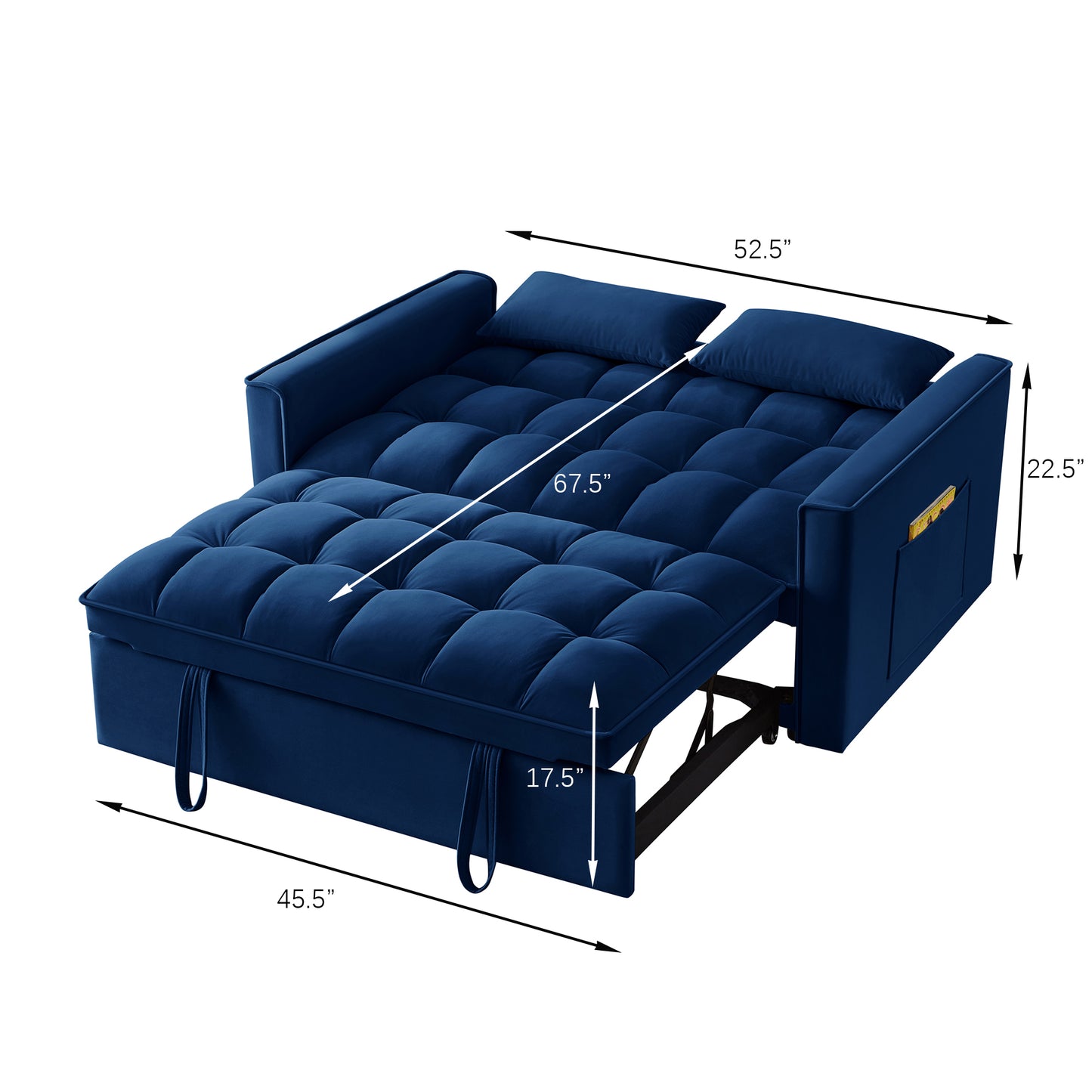 Deep blue velvet sofa bed with tufted cushions side pocket and storage wide