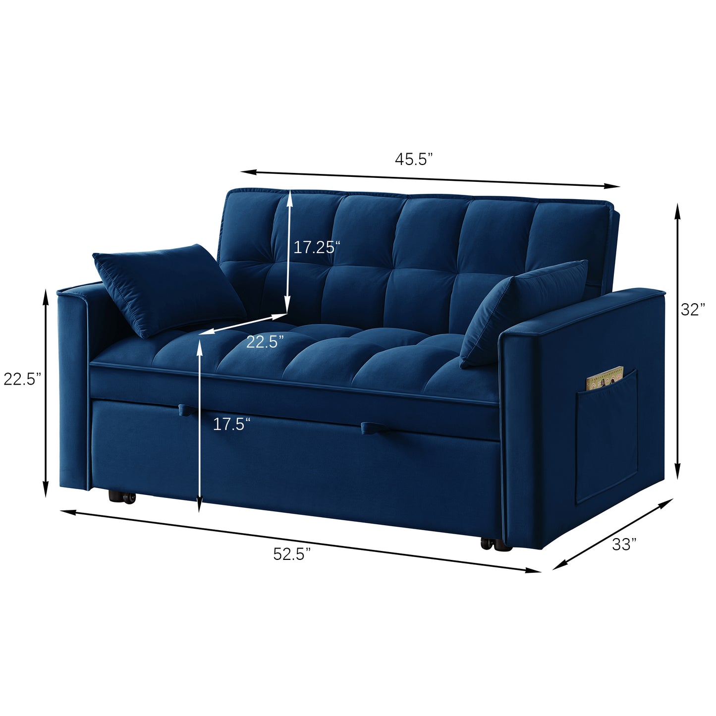 Deep blue velvet sofa with tufted cushions storage and side pocket