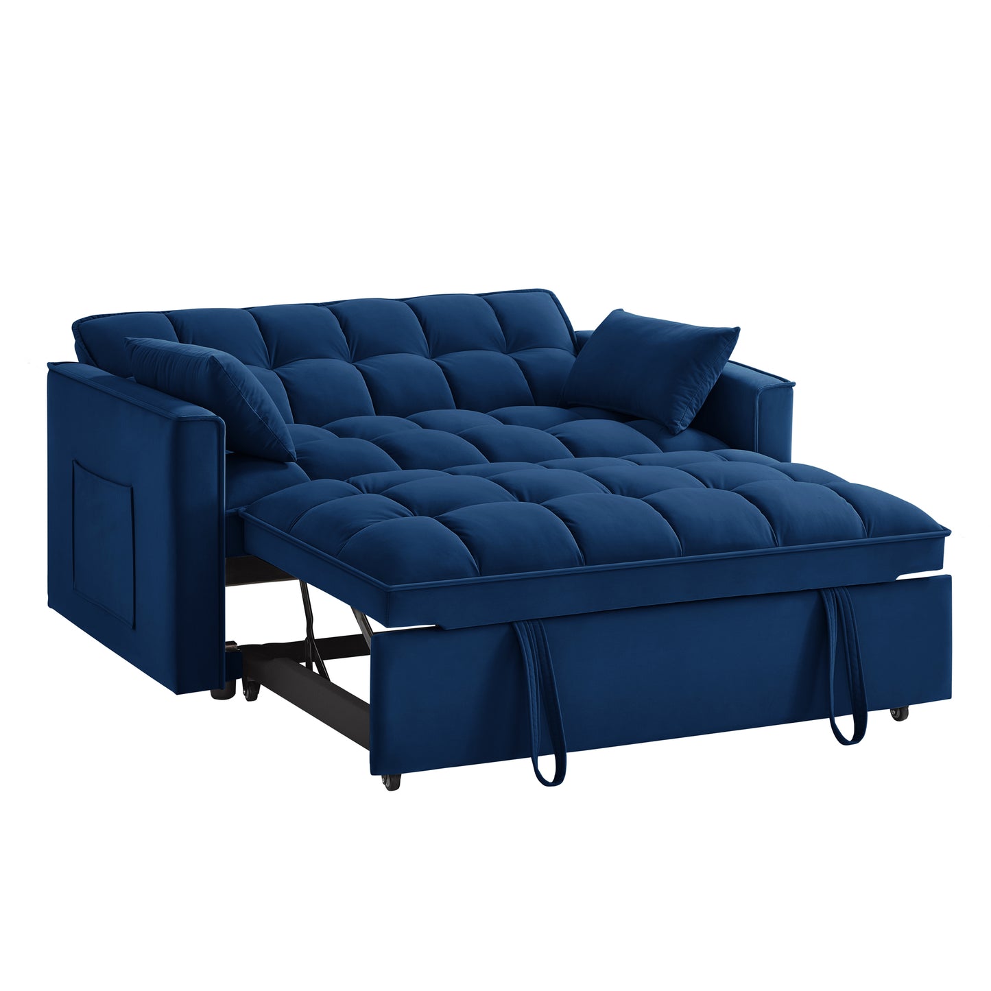 Navy blue velvet convertible sofa bed with tufted cushions and integrated storage