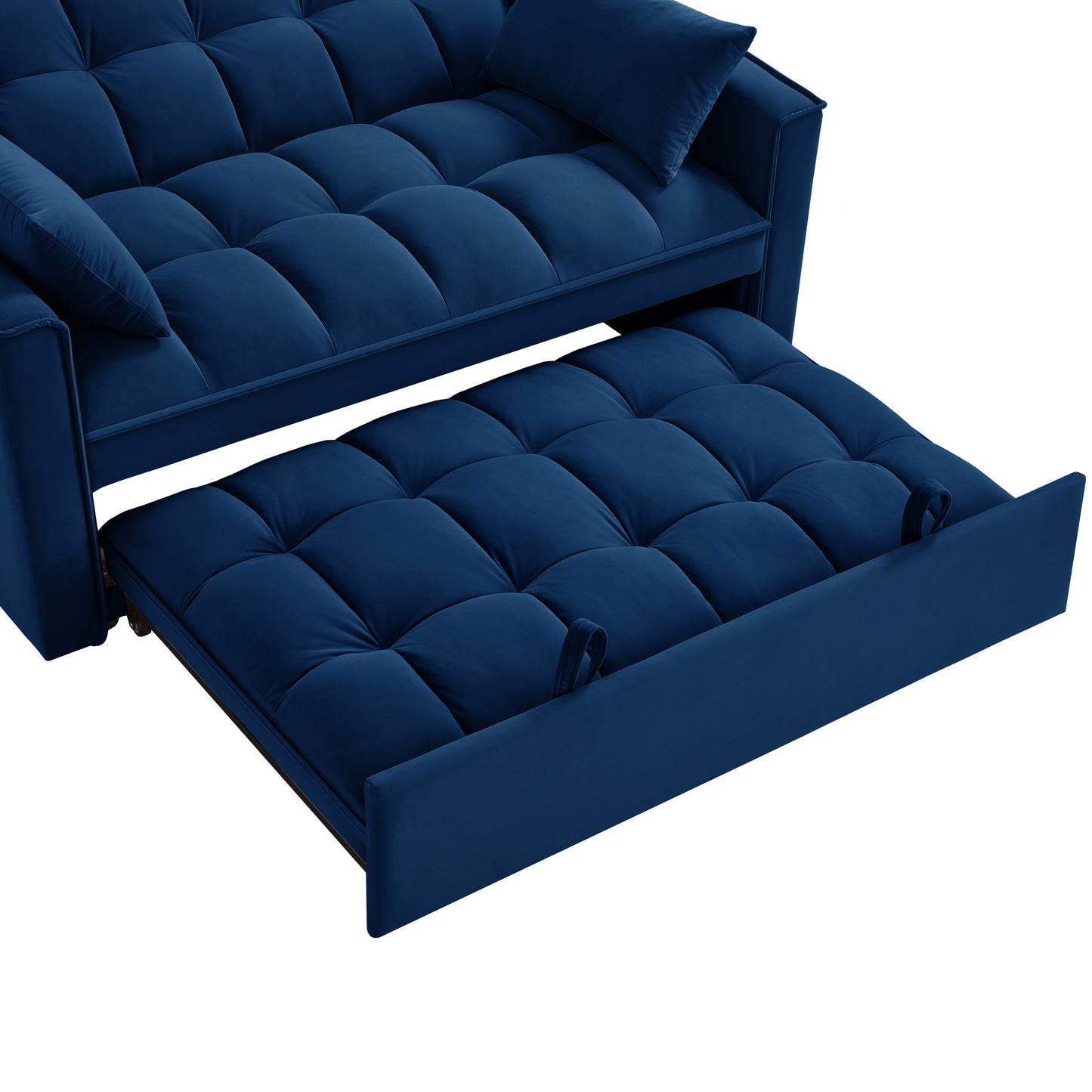 Navy blue velvet sofa bed with tufted cushions and pullout section