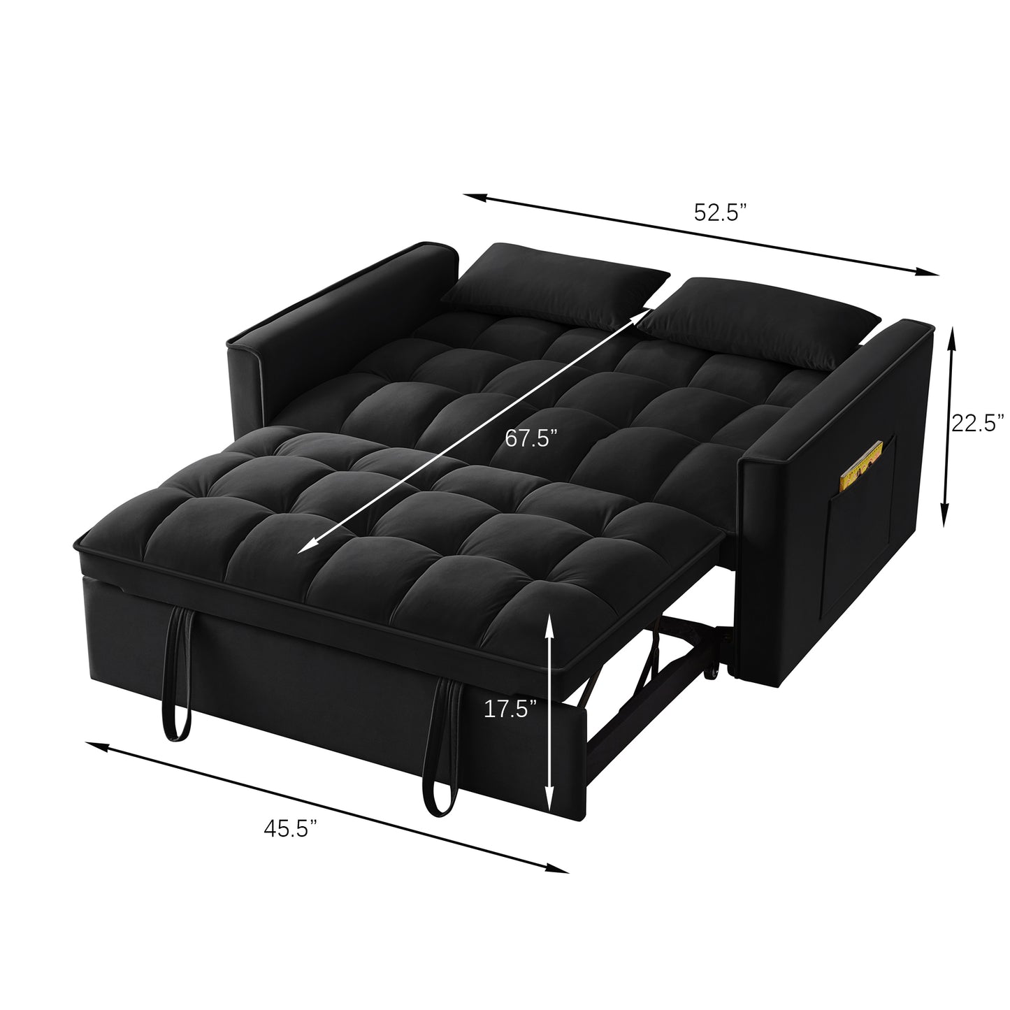 Black velvet sofa bed with tufted cushions measuring long for versatile living spaces