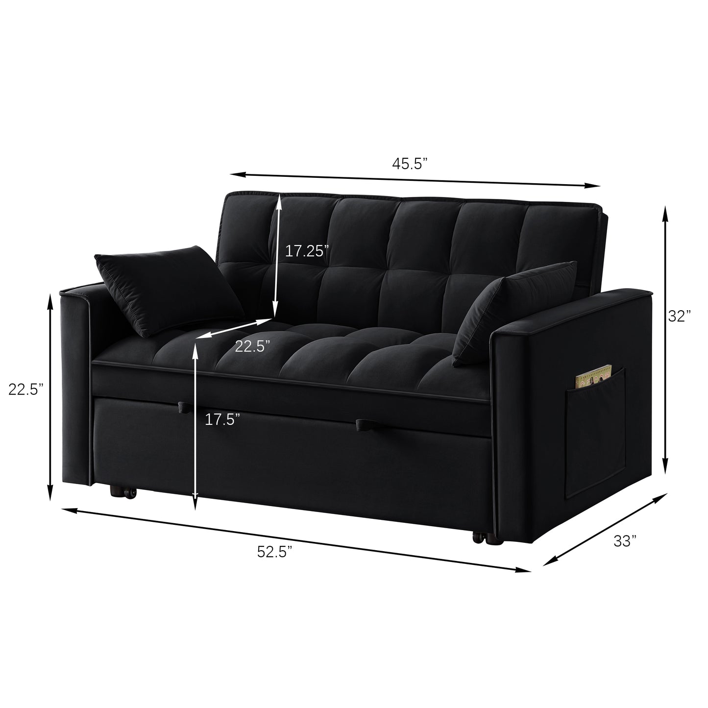 Black velvet sofa bed with tufted cushions side storage pocket and dimensions labeled