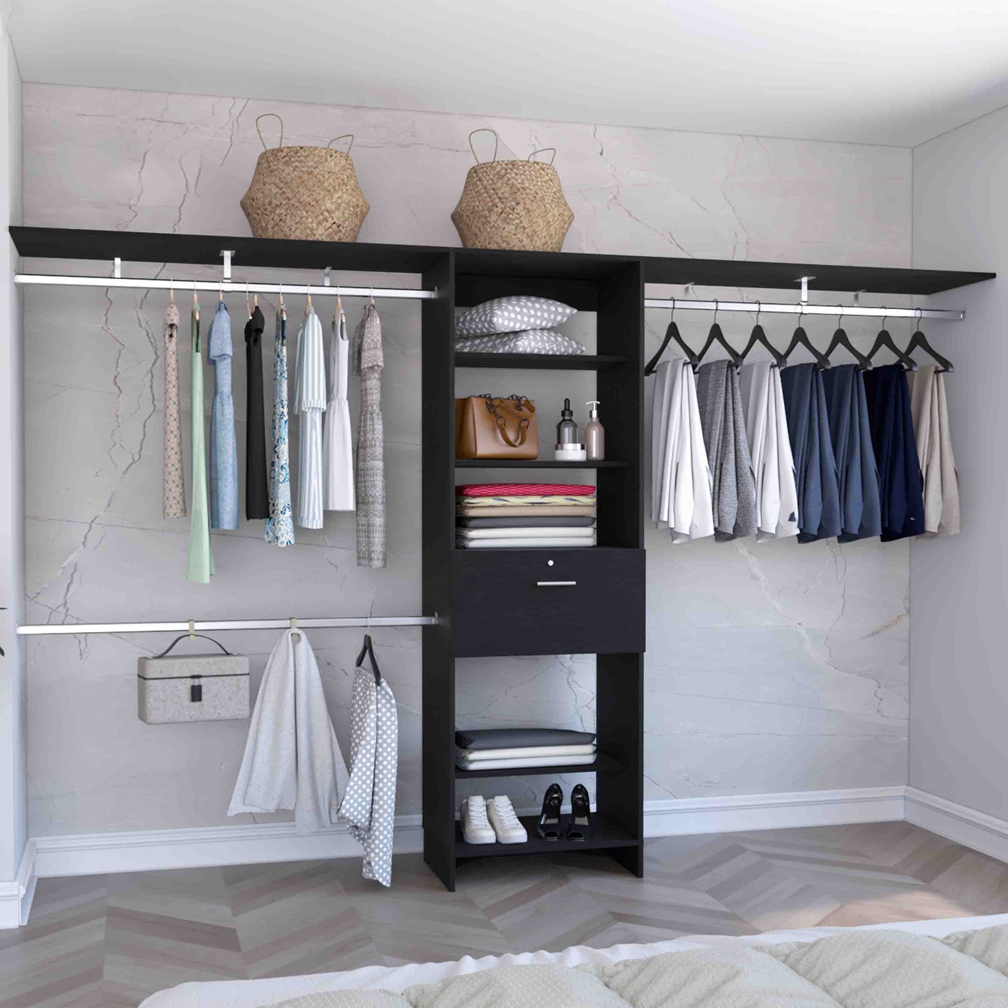 Black modular closet system with hanging clothes and storage shelves