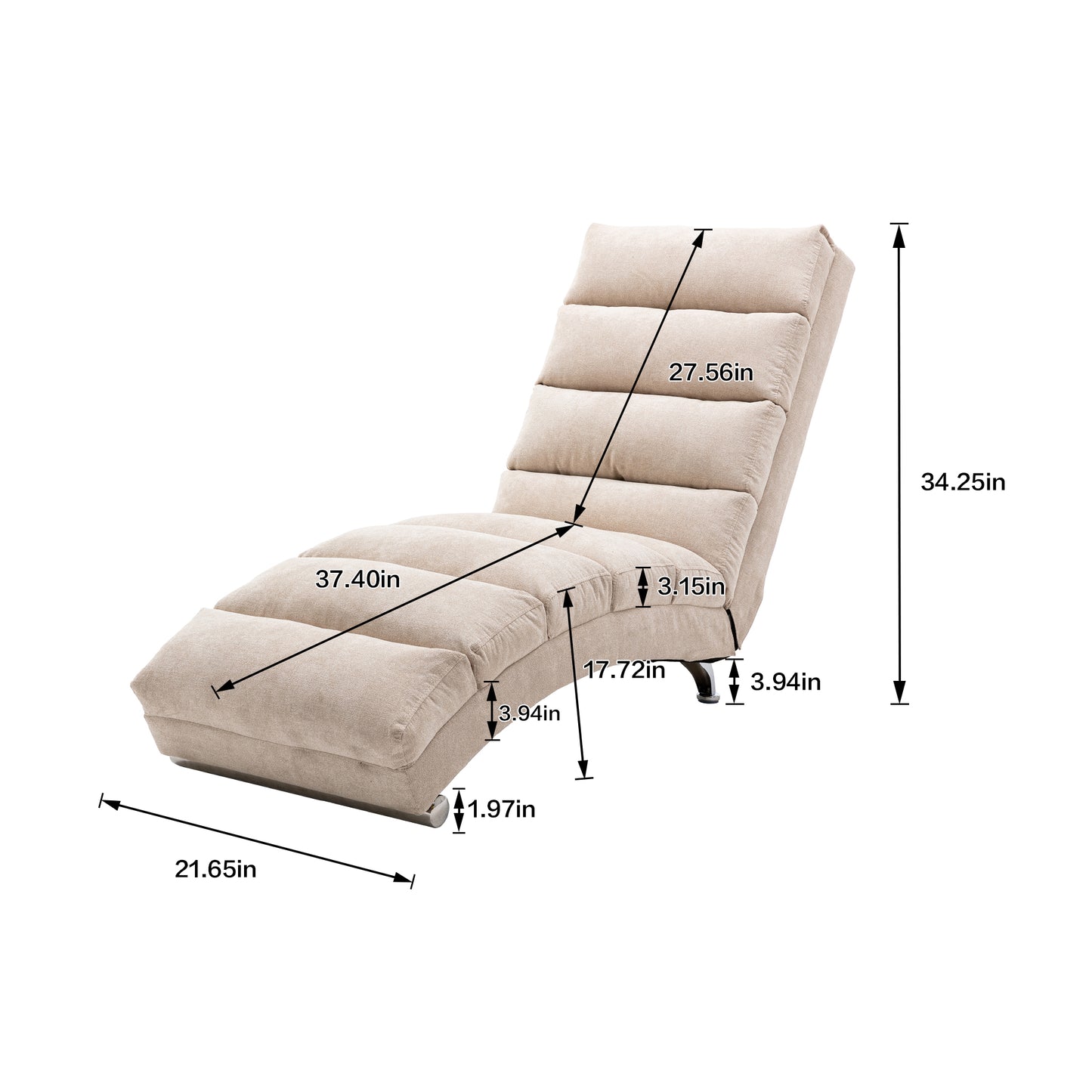 Beige fabric chaise lounge chair with adjustable back dimensions labeled