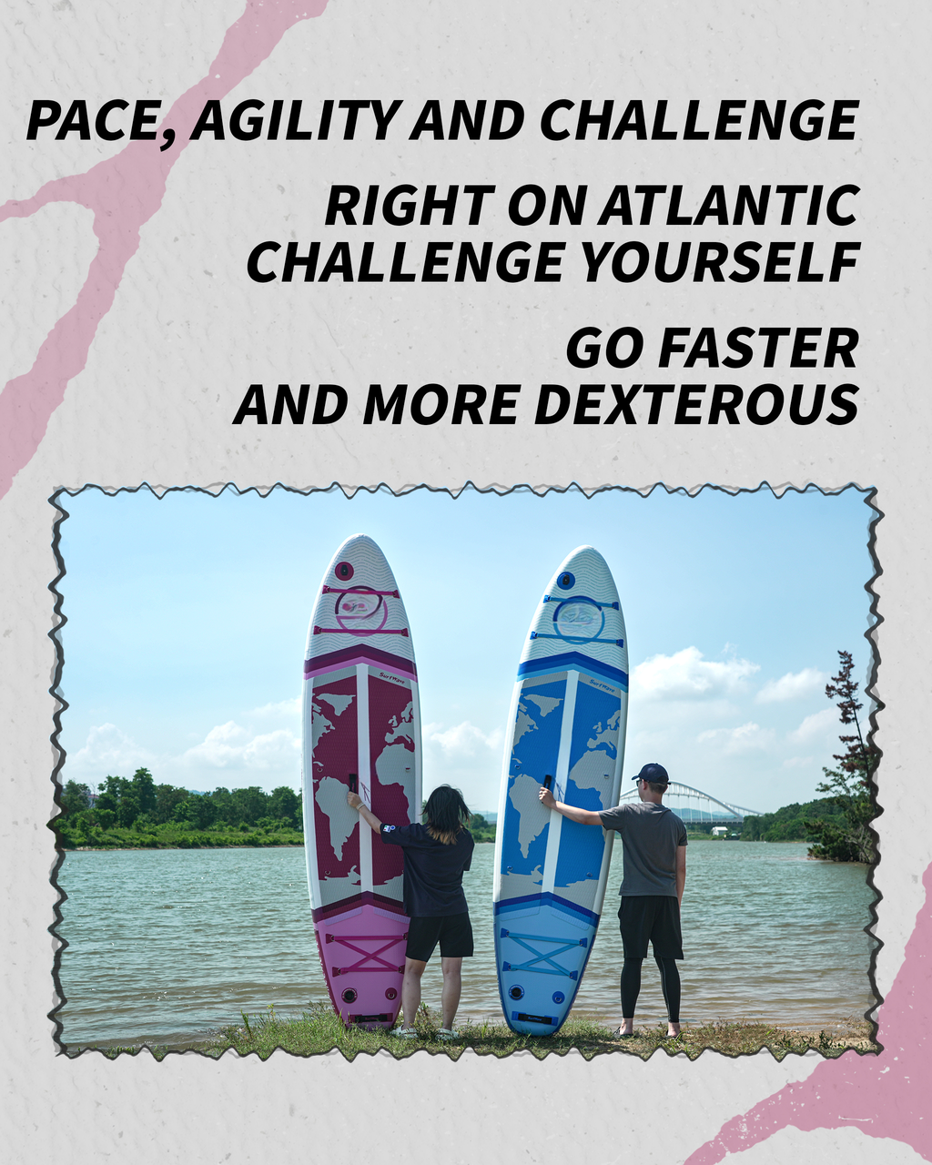 Pink and blue stand up paddle boards with world map design by the water