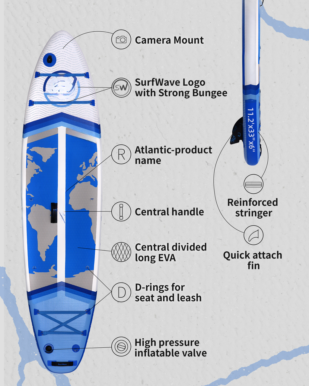 Blue and white inflatable stand up paddleboard with world map design and camera mount