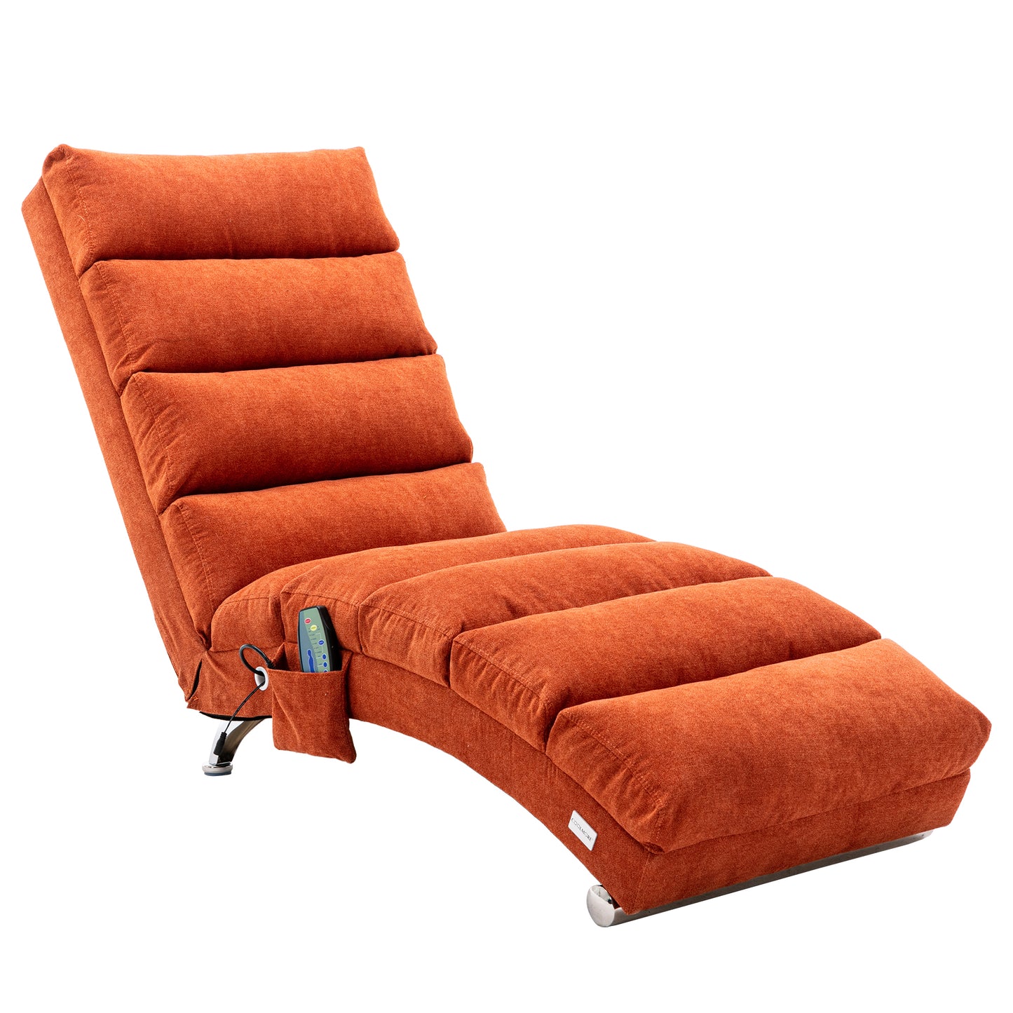 Orange upholstered chaise lounge with adjustable back and remote control pocket for relaxation