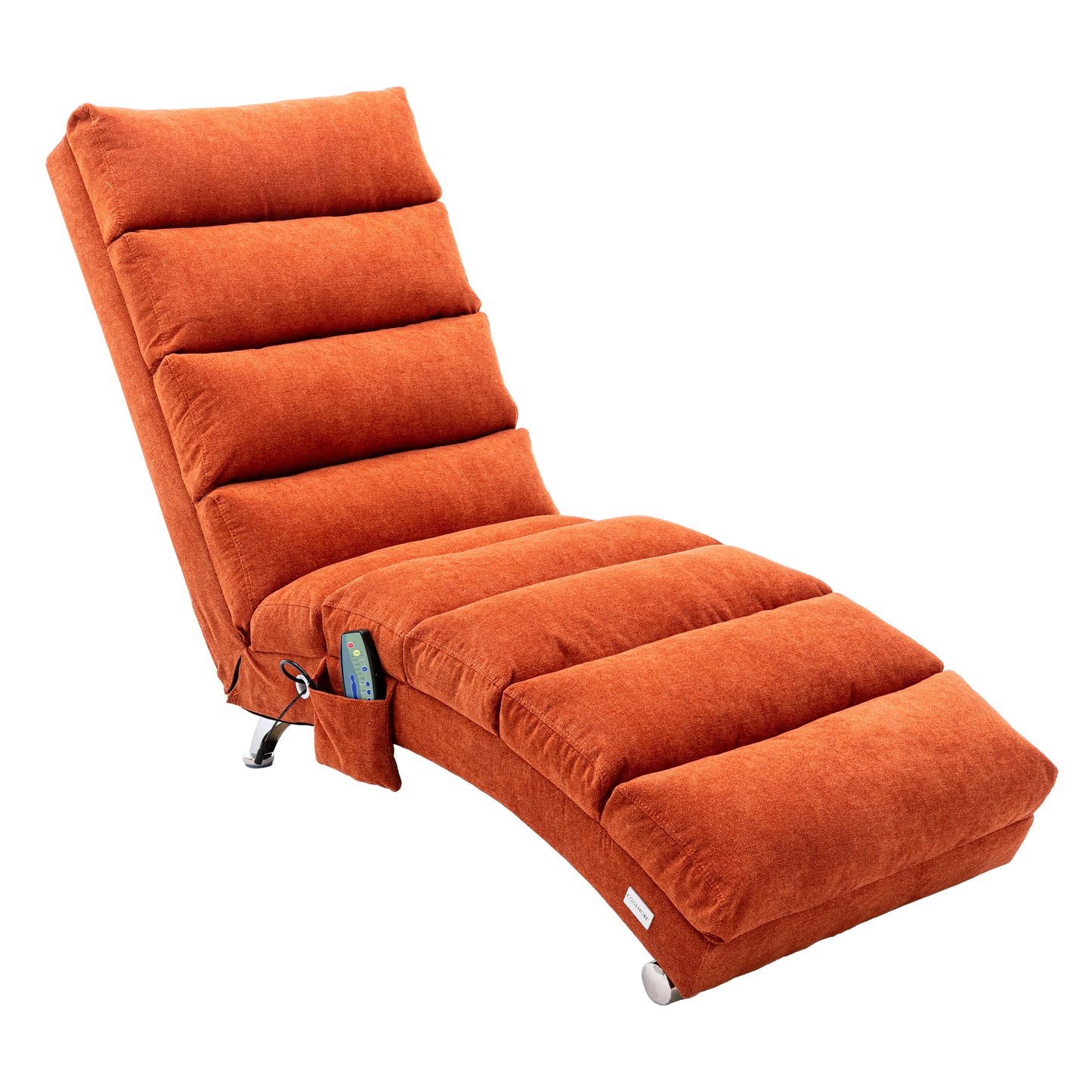 Orange linen reclining chaise lounge chair with adjustable back and remote control pocket