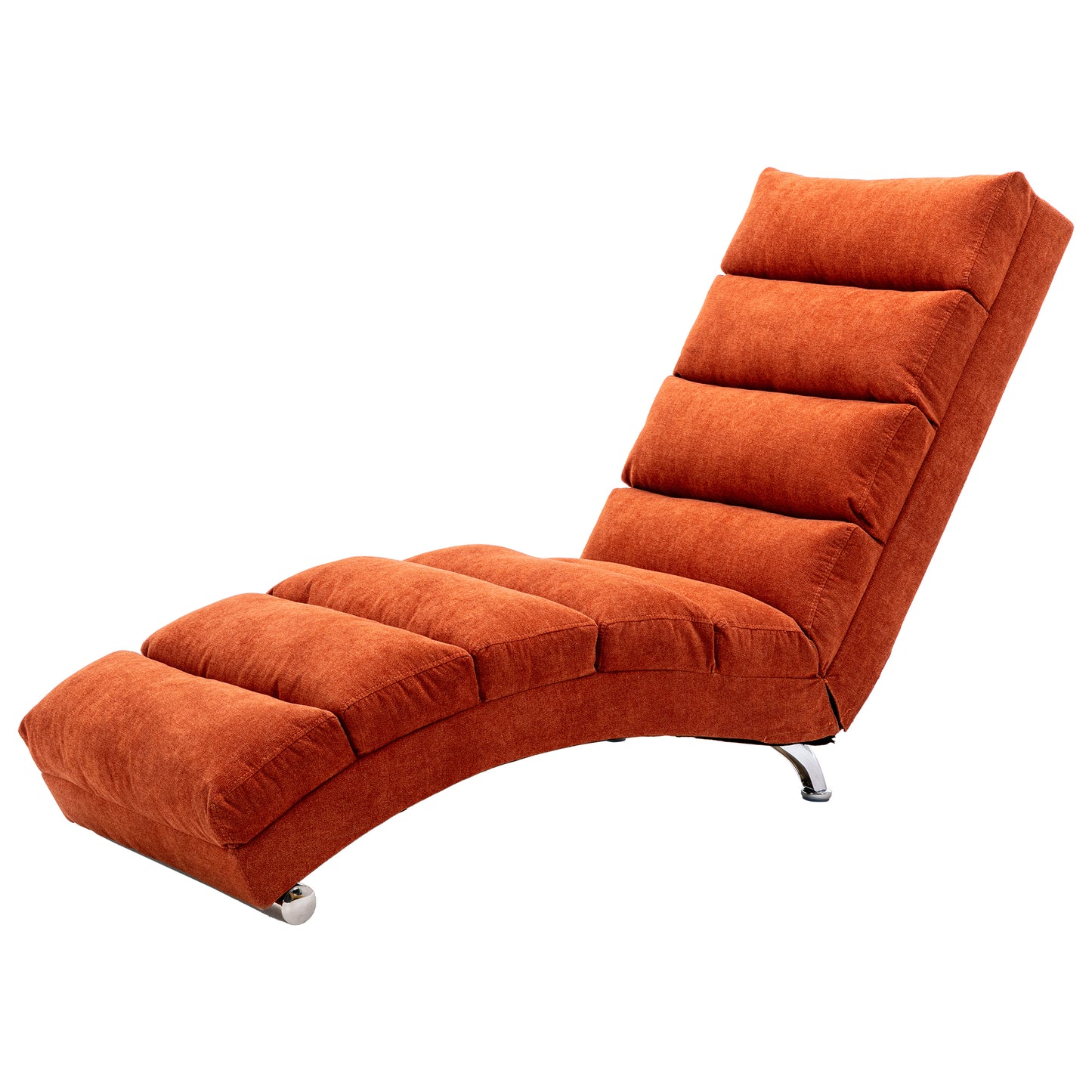 Orange fabric chaise lounge with segmented cushions and chrome legs perfect for modern living rooms