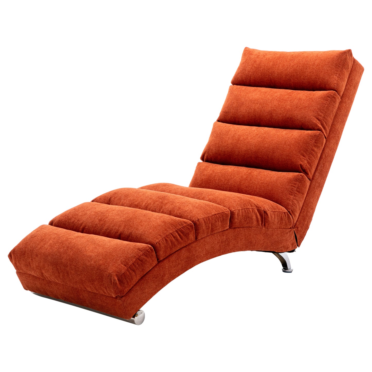 Orange upholstered chaise lounge with segmented cushioning and chrome legs