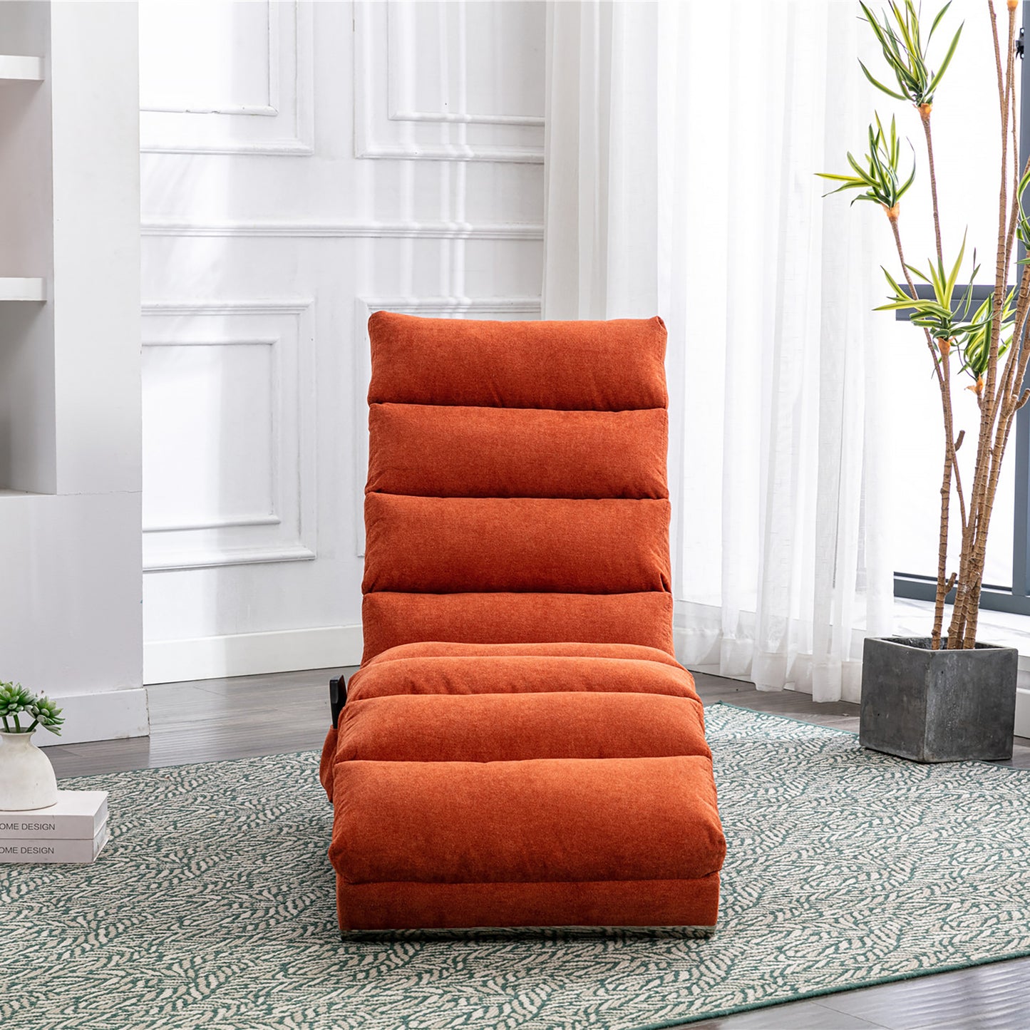 Orange upholstered floor chair with adjustable backrest for living room relaxation