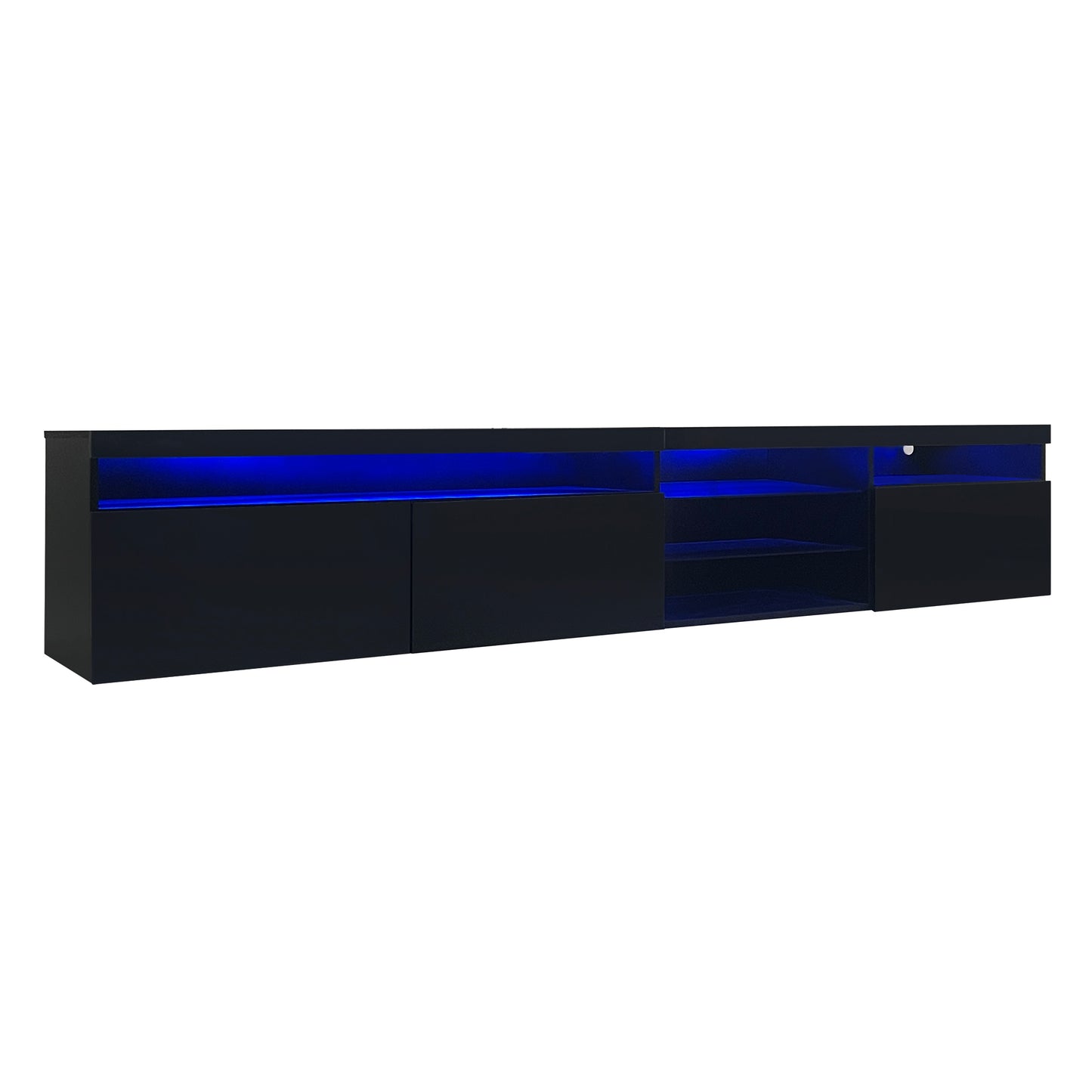 Sleek black media console with blue LED lighting modern entertainment center