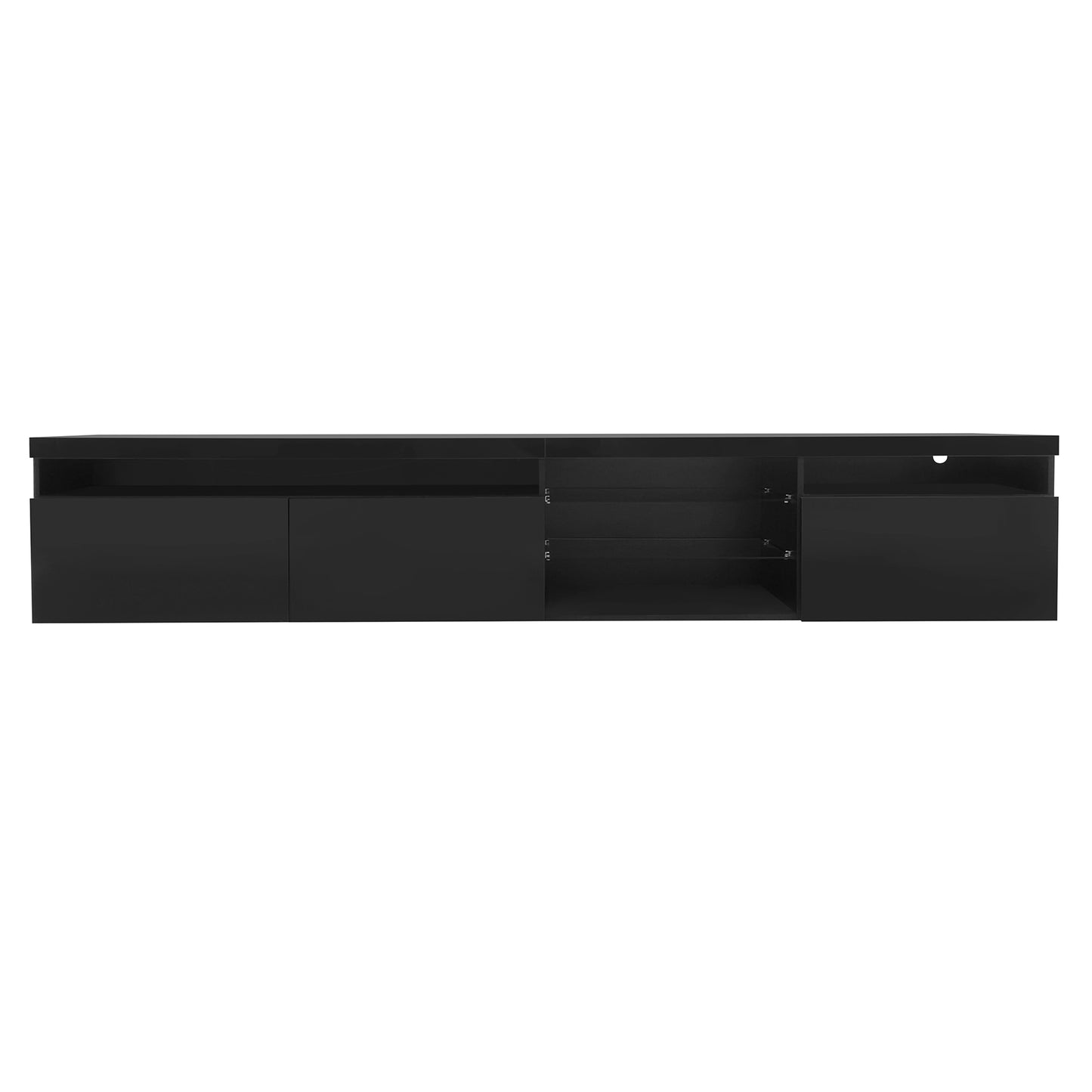 Sleek black floating media console with multiple storage compartments and open shelving