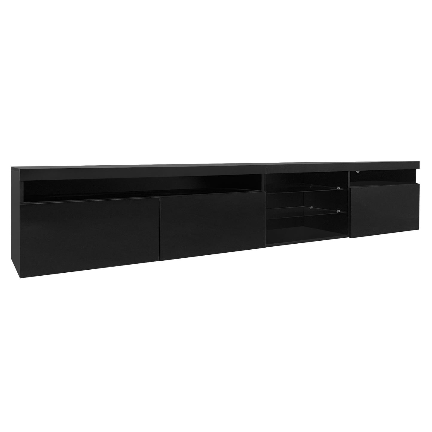 Sleek black modern media console with ample storage and open shelving for electronics