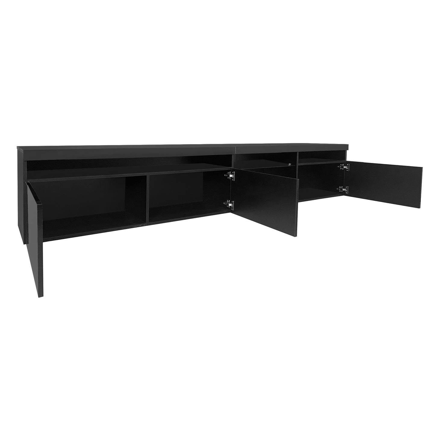 Sleek black modern media console with four open cabinet doors ideal for living rooms