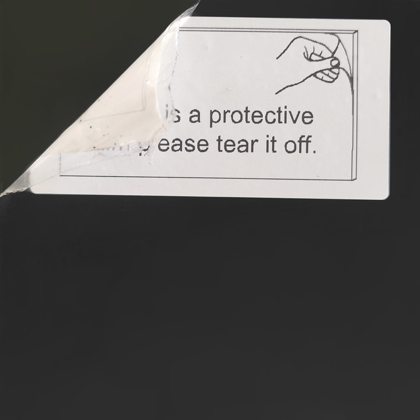 White protective sticker with peeloff tab instructions to remove